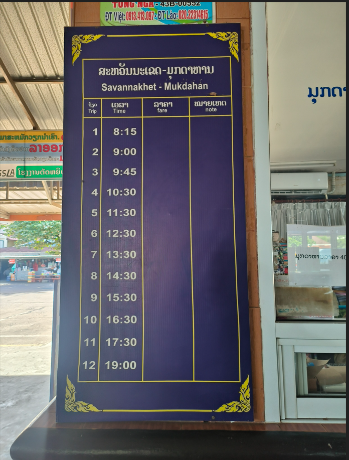 Savannakhet to Mukdahan Bus Schedule and Ticket Counter