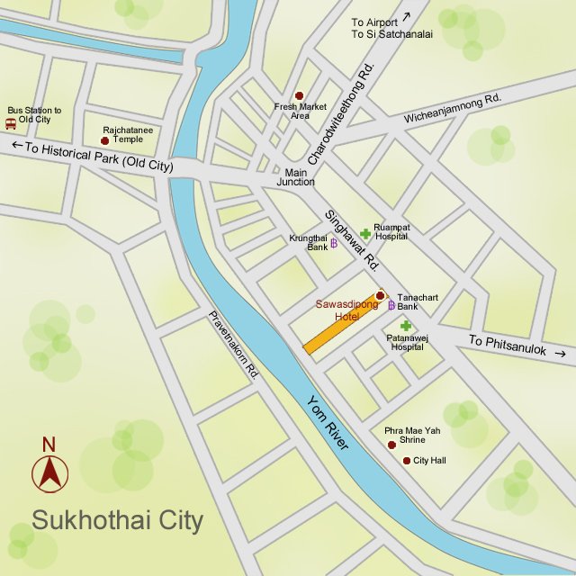 Map of Sukhothai City showing landmarks such as Sawsadipong Hotel, Patawaej Hospital, and Tanachart Bank, with roads including Singhawat Rd., Pratam Nok Rd., and Wichean­jam­mong Rd., and the Yom River running through the city. 