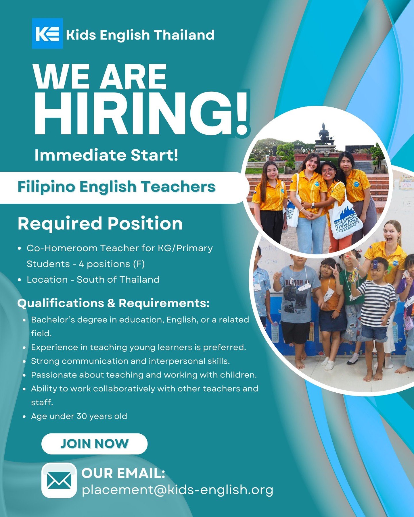We are currently seeking Filipino teachers to join us for the 2025-2026 academic session, with an immediate start in the south of Thailand.

Open Roles:

▪️ Co-Homeroom Teacher for KG/Primary Students &ndash; 4 positions (preferred Female)

Ideal App
