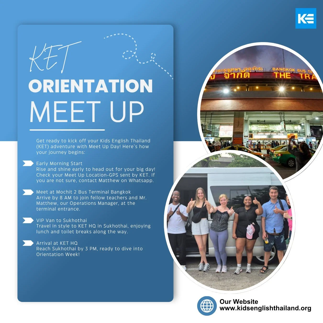 KET Orientation Week &ndash; Supporting Every Step of the Journey !

Our comprehensive one-week orientation in Sukhothai is fully designed to prepare teachers for success in Thai classrooms: 

▪️ Professional training and classroom-ready lesson plann