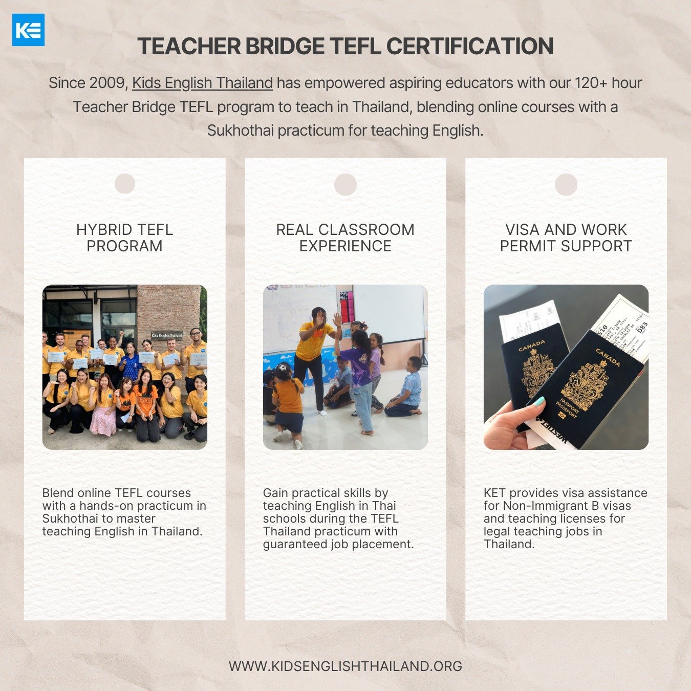 Ready to teach English in Thailand with confidence? 

Our Teacher Bridge TEFL Certification has been the trusted path since 2009: 

▪️120+ hour hybrid course (online theory + real classroom practicum in Sukhothai)
▪️ Hands-on teaching experience with