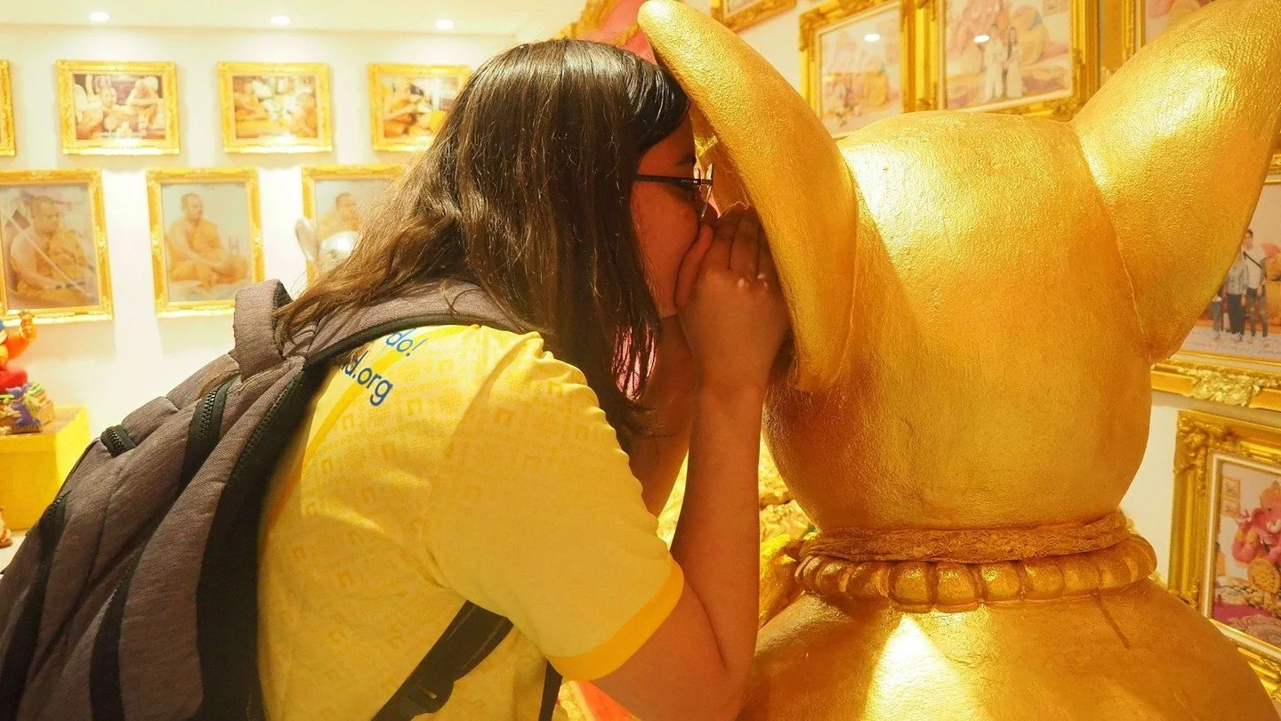 Whispering wishes to the golden mouse! 

Teacher Maria leaned in close at the sacred temple in Sukhothai, gently pressing her forehead to the statue and whispering her hopes into its tiny ear&mdash;following the beautiful Thai tradition believed to b