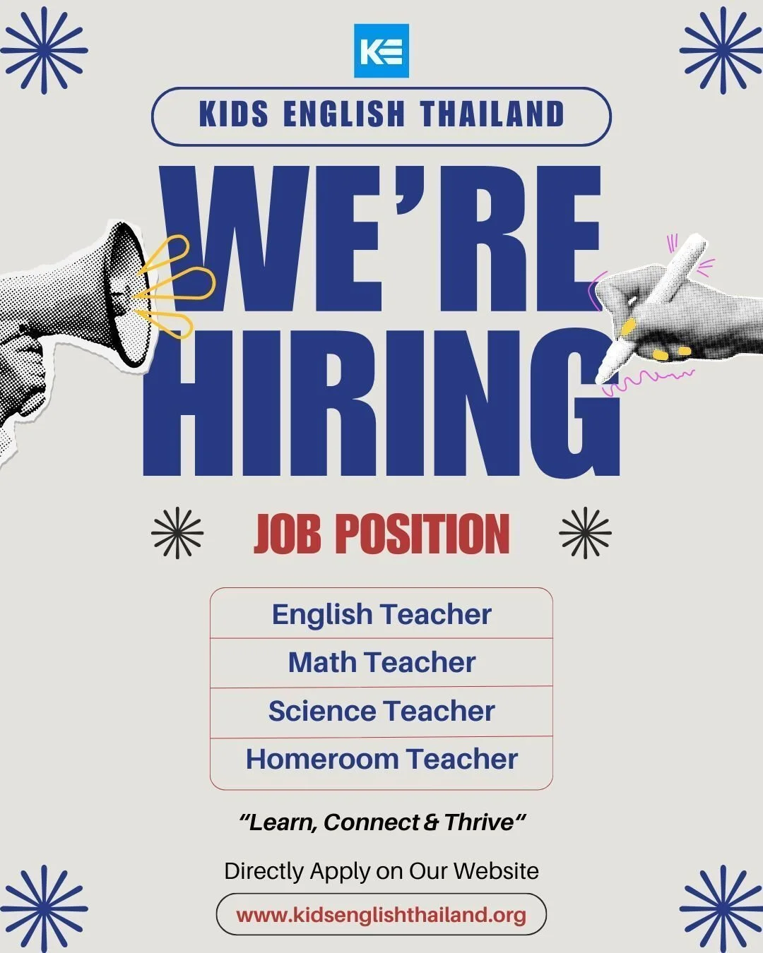 We are currently seeking educators to join us for the 2025-2026 academic session, with opportunities available for October 2025 and April 2026 semesters!

Kids English Thailand (KET) is a distinguished recruitment firm with a rich history of over 15 