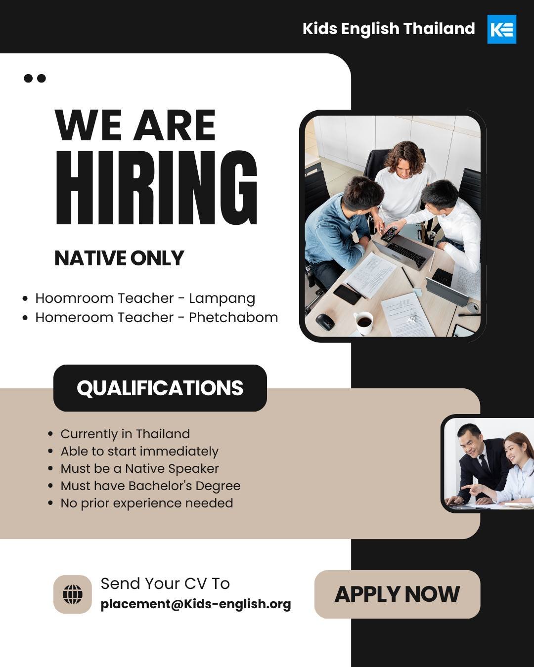 We are urgently seeking passionate educators to join us immediately for Homeroom Teacher positions in Thailand!

Kids English Thailand (KET) is a trusted recruitment firm with over 15 years of experience, dedicated to placing committed teachers in re