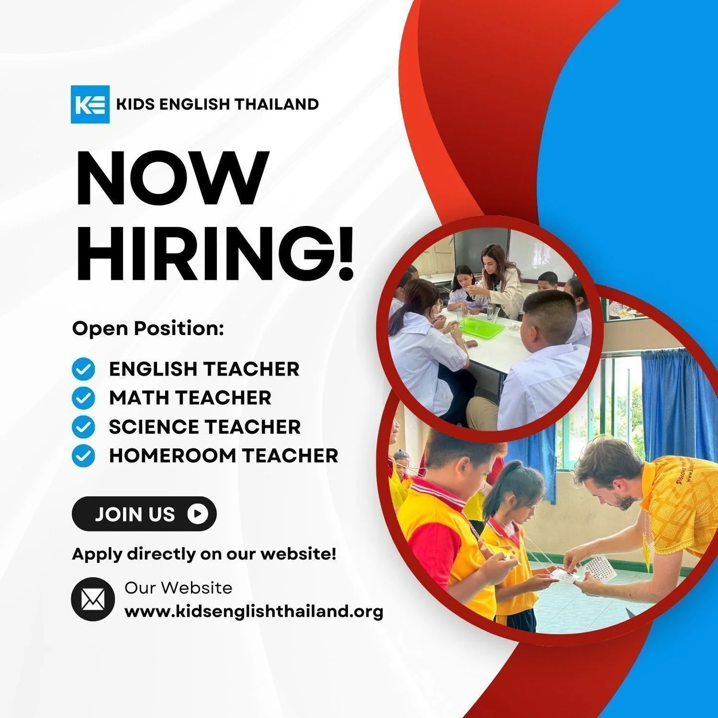We are currently seeking educators to join us for the 2025-2026 academic session, with opportunities available for October 2025 and April 2026 semesters!

Kids English Thailand (KET) is a distinguished recruitment firm with a rich history of over 15 