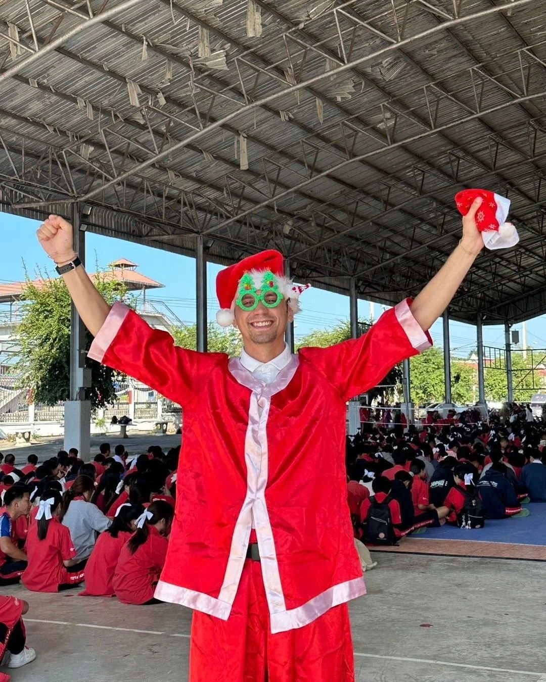 Ho ho ho!  Look who brought the ultimate Christmas magic to school today!

Our very own Teacher Tom transformed into the jolliest Santa Claus we've ever seen &ndash; complete with the classic red suit, fluffy white trim, Santa hat, and those hilariou