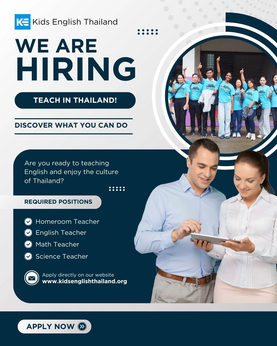 We are currently seeking educators to join us for the 2026-2027 academic session, with opportunities available for April 2026 and October 2026 semesters!

Kids English Thailand (KET) is a distinguished recruitment firm with a rich history of over 15 