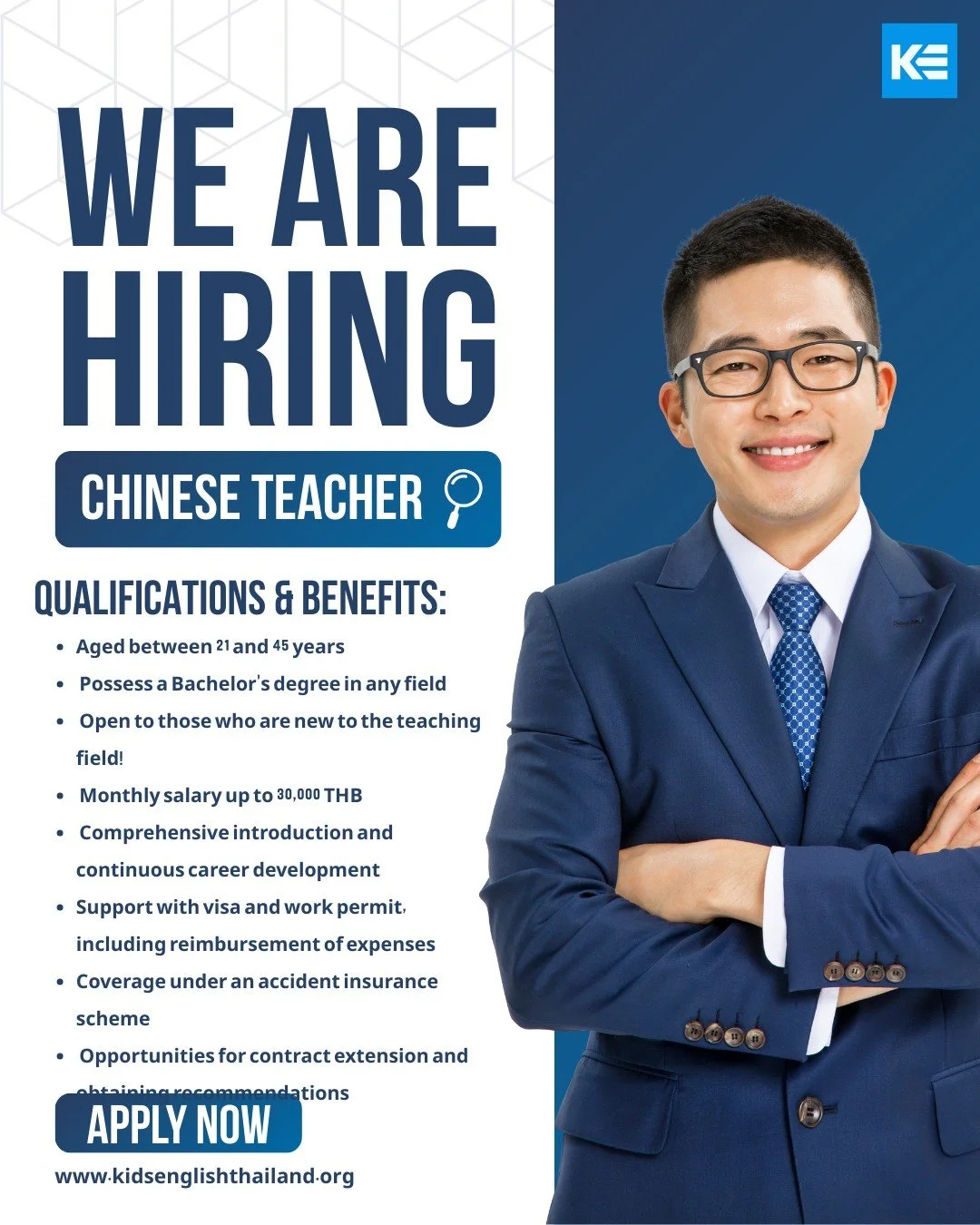 We are currently seeking Chinese Language Teachers to join us for the 2026-2027 academic session, with opportunities available for April 2026 and October 2026 semesters!

Kids English Thailand (KET) is a distinguished recruitment firm with a rich his