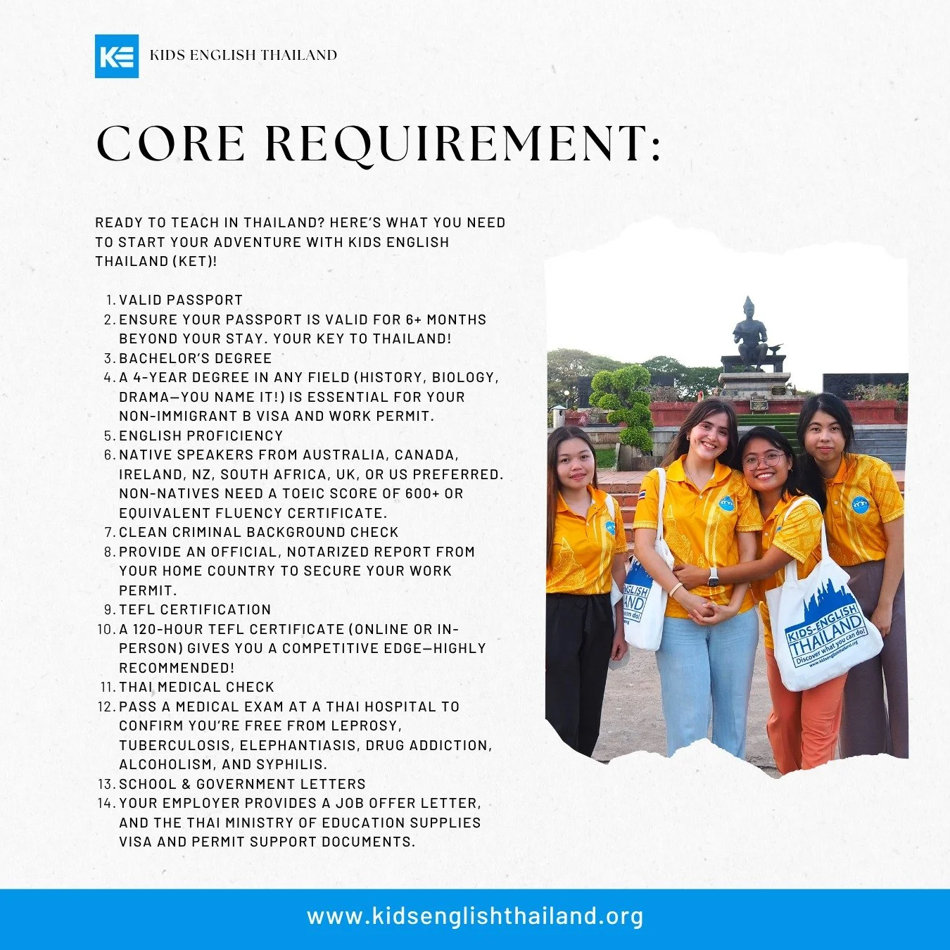 Ready to teach English in Thailand in 2026? 

Here&rsquo;s everything you need to get started with Kids English Thailand! 

Core Requirements (Quick Checklist): 
▪️Valid passport (6+ months beyond stay) 
▪️Bachelor&rsquo;s degree and Bahchelor's Tran