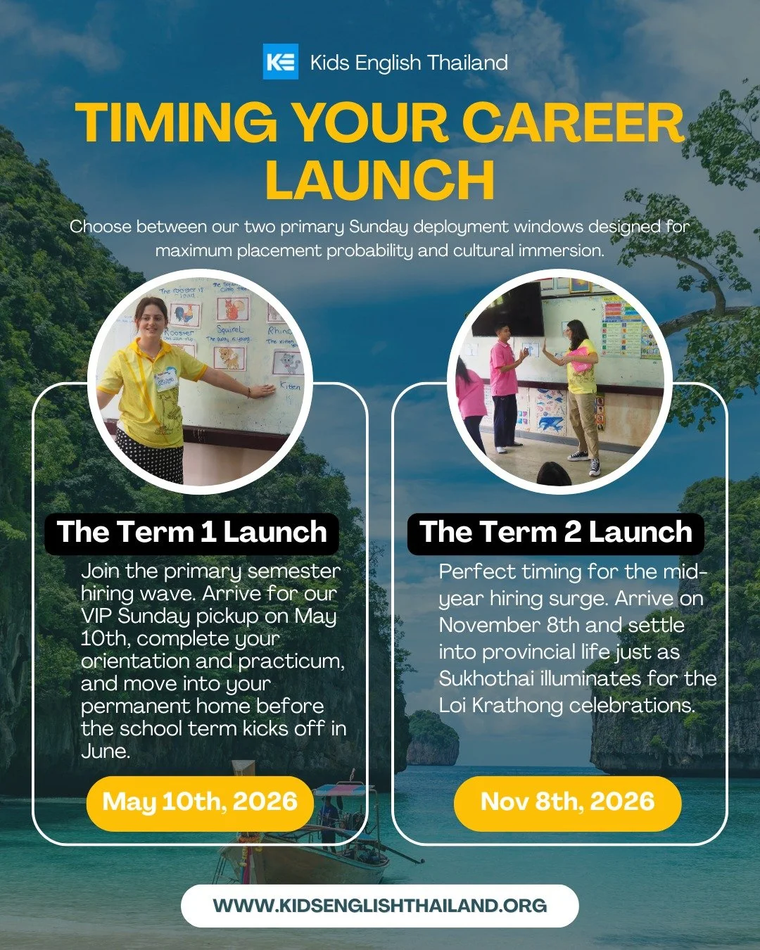 Timing Your Teaching Career Launch in Thailand Just Got Easier! 

2026 is calling &mdash; and KET has two perfect windows to start your adventure as an English teacher in Thailand!

Term 1 Launch &ndash; May 10th, 2026 
VIP Sunday pickup 
Full orient