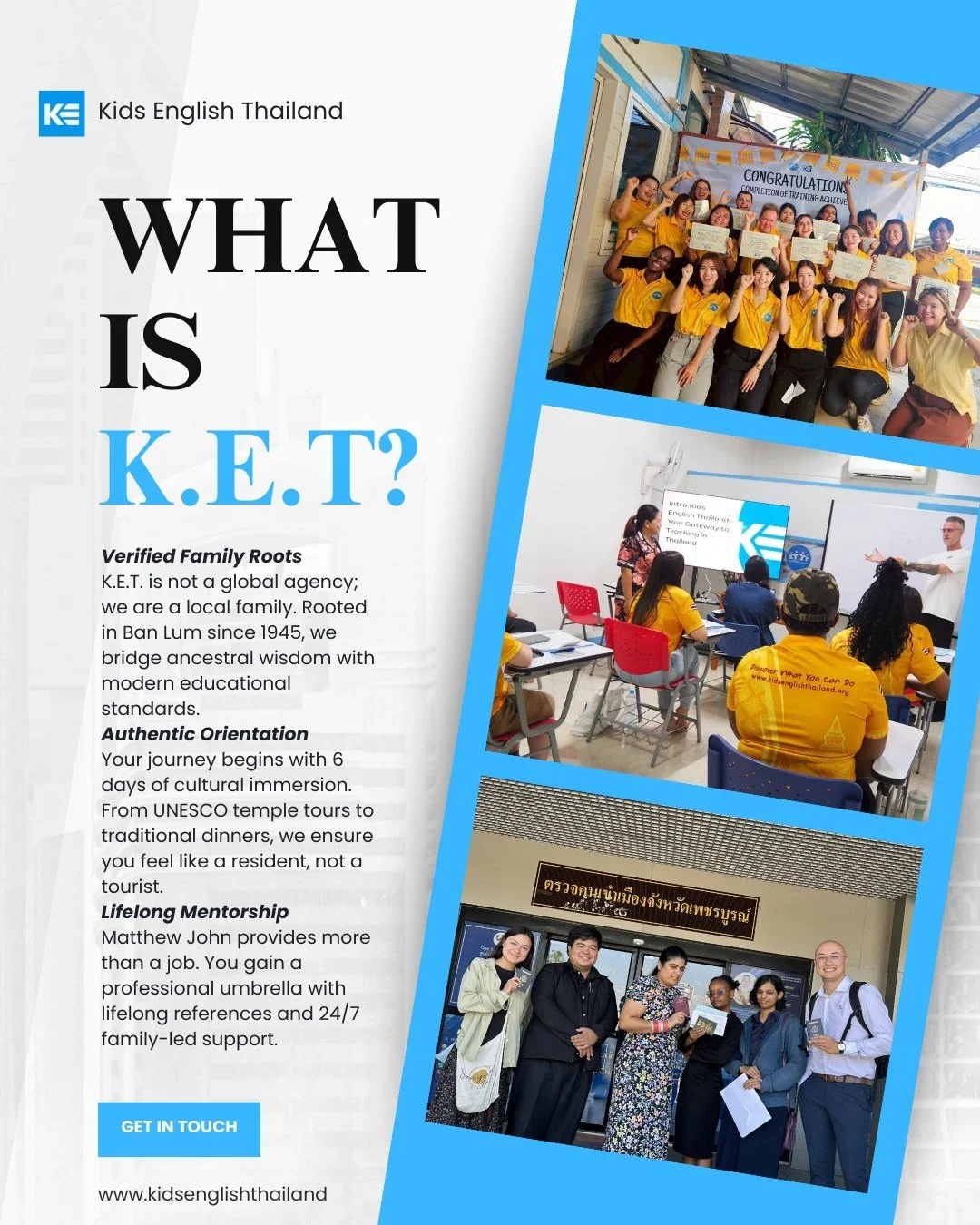 Ever wondered what makes Kids English Thailand (K.E.T.) different from the rest? 

We're not just another teaching program &mdash; we're a local family rooted in Ban Lum, Sukhothai since 1945, blending ancestral Thai wisdom with top-tier modern educa