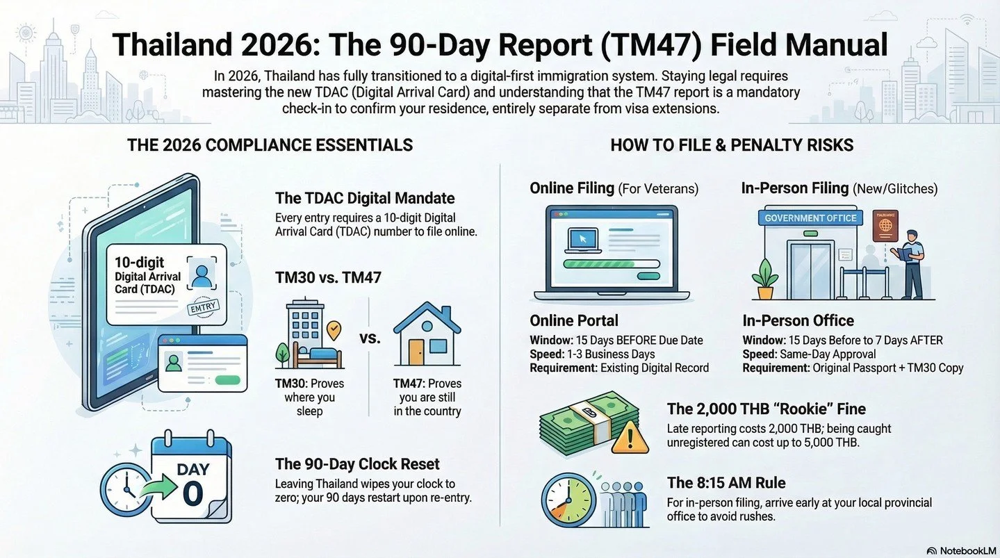 If you&rsquo;re living, teaching, or staying long-term in Thailand this year, the rules have changed &mdash; and missing your TM47 can cost 2,000&ndash;5,000 THB in fines

Quick survival guide from the 2026 field manual:
▪️TDAC (10-digit Digital Arri