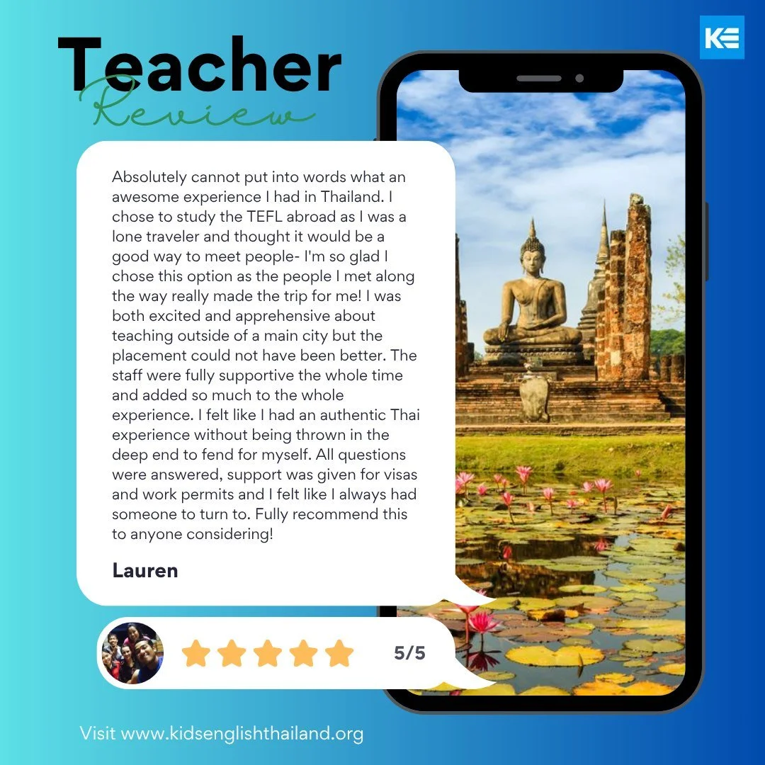 Teacher Review Spotlight
&ldquo;Absolutely cannot put into words what an awesome experience I had in Thailand&hellip; The staff were fully supportive the whole time and added so much to the whole experience. I felt like I had an authentic Thai experi