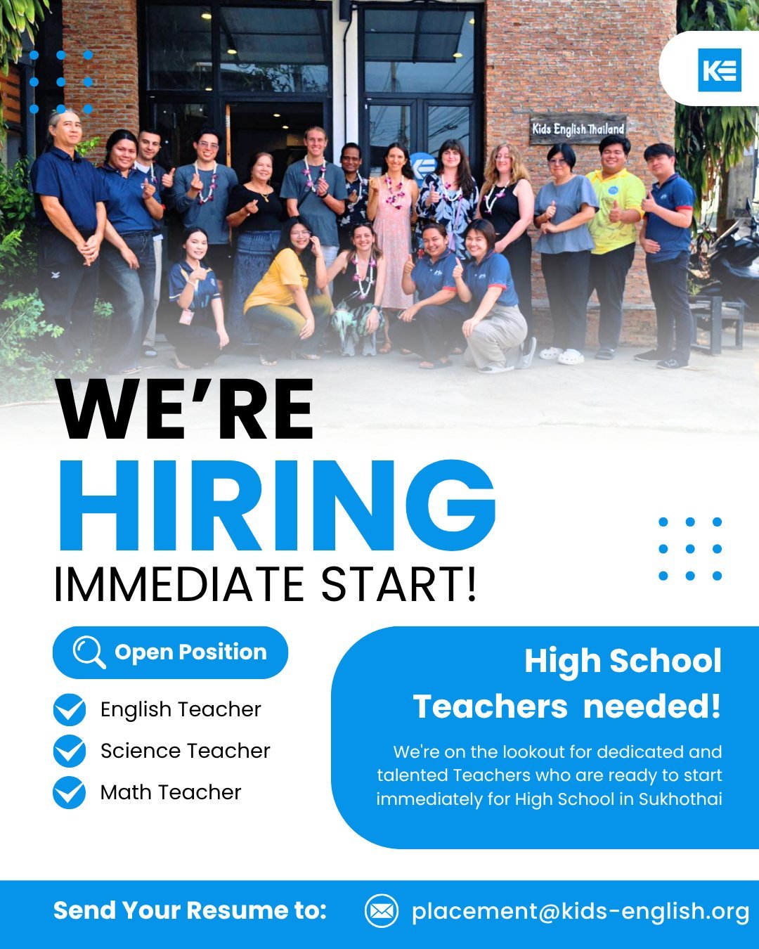 We are currently seeking educators to start immediately for High School in Sukhothai Province!

Open Roles:

▪️ English Teacher
▪️ Math Teacher
▪️ Science Teacher
▪️ Homeroom Teacher

School Preferences 
▪️ First speaker of English or Native Level Pr