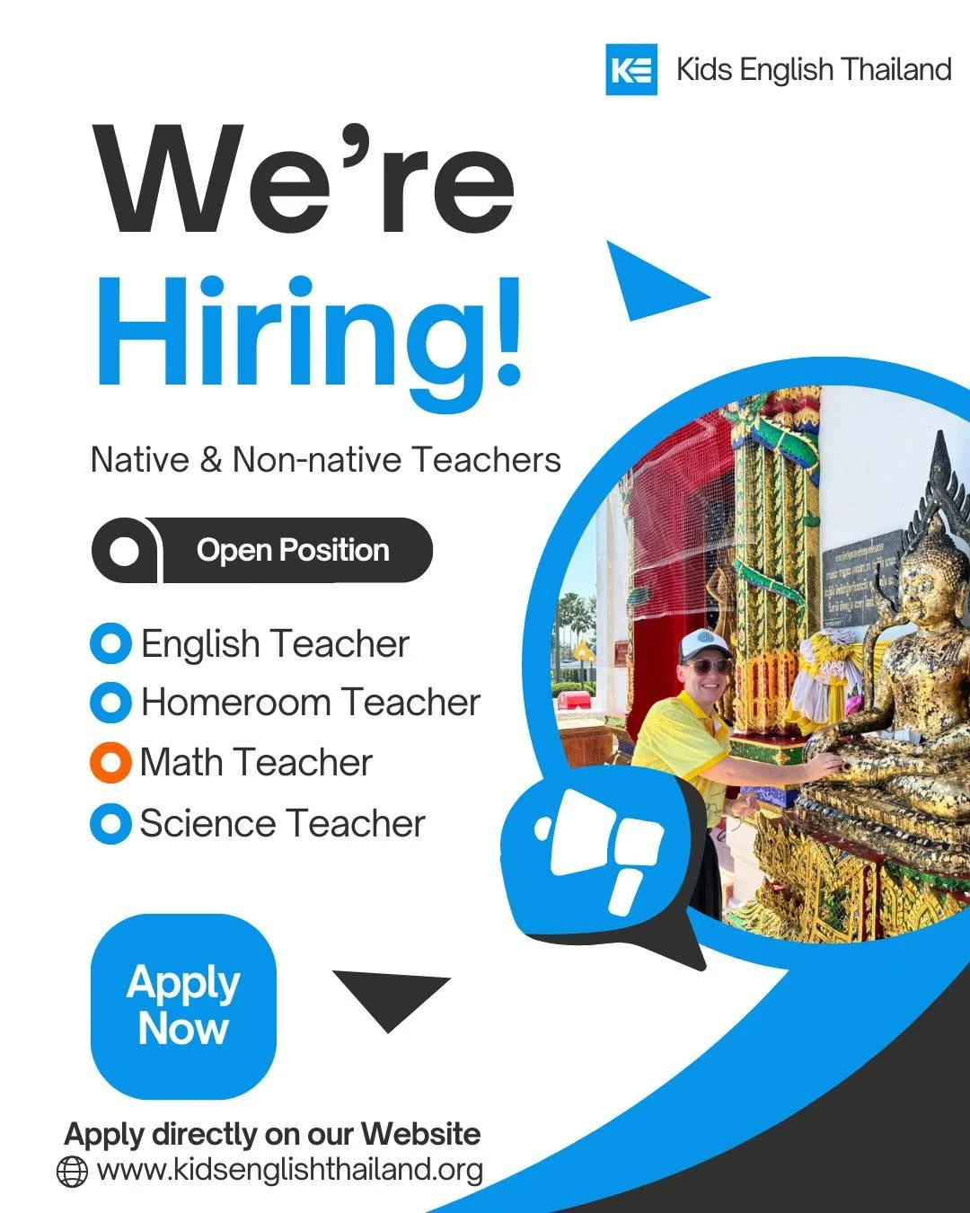 We are currently seeking educators to join us for the 2026-2027 academic session, with opportunities available for April 2026 and October 2026 semesters!

Kids English Thailand (KET) is a distinguished recruitment firm with a rich history of over 15 