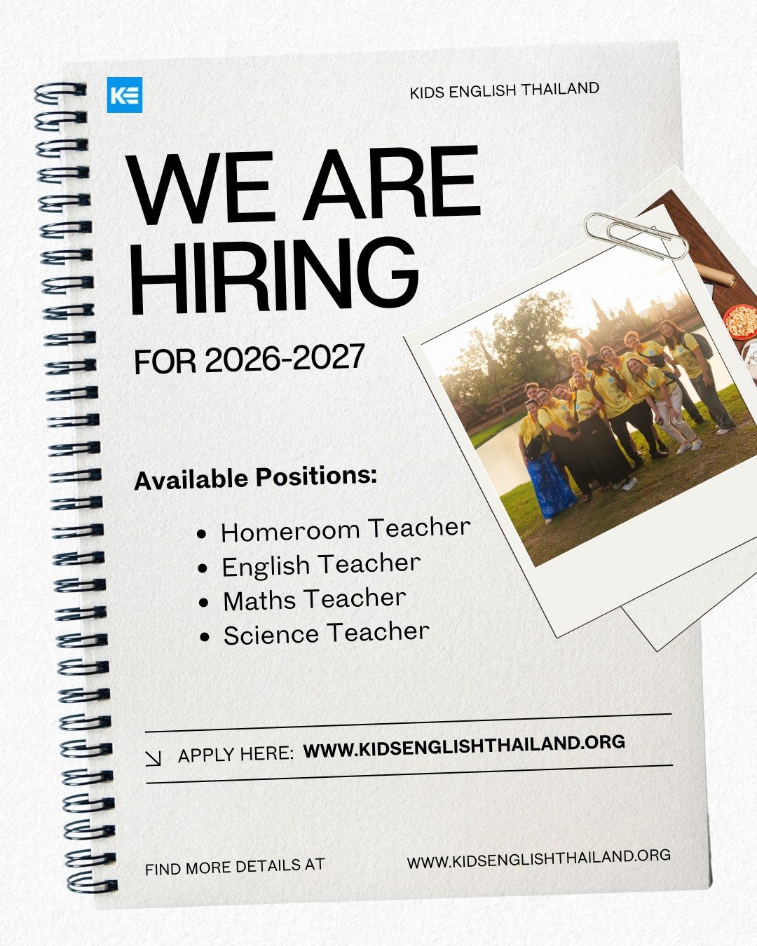 We are currently seeking educators to join us for the 2026-2027 academic session, with opportunities available for April 2026 and October 2026 semesters!

Kids English Thailand (KET) is a distinguished recruitment firm with a rich history of over 15 