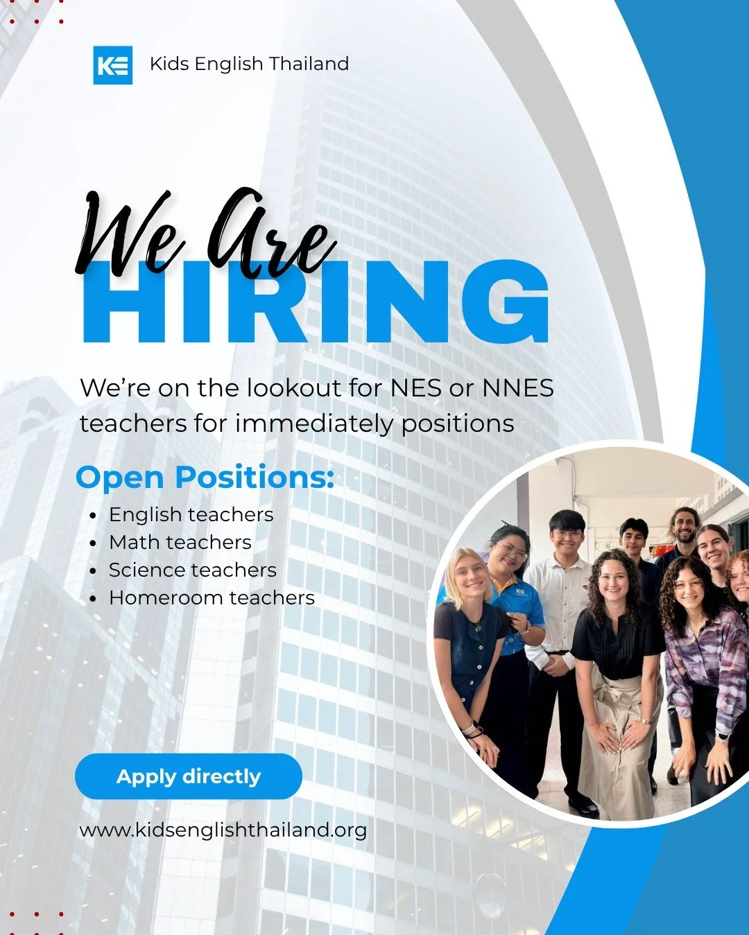 We are currently seeking educators to join us for the 2026-2027 academic session, with opportunities available for April 2026 and October 2026 semesters!

Kids English Thailand (KET) is a distinguished recruitment firm with a rich history of over 15 