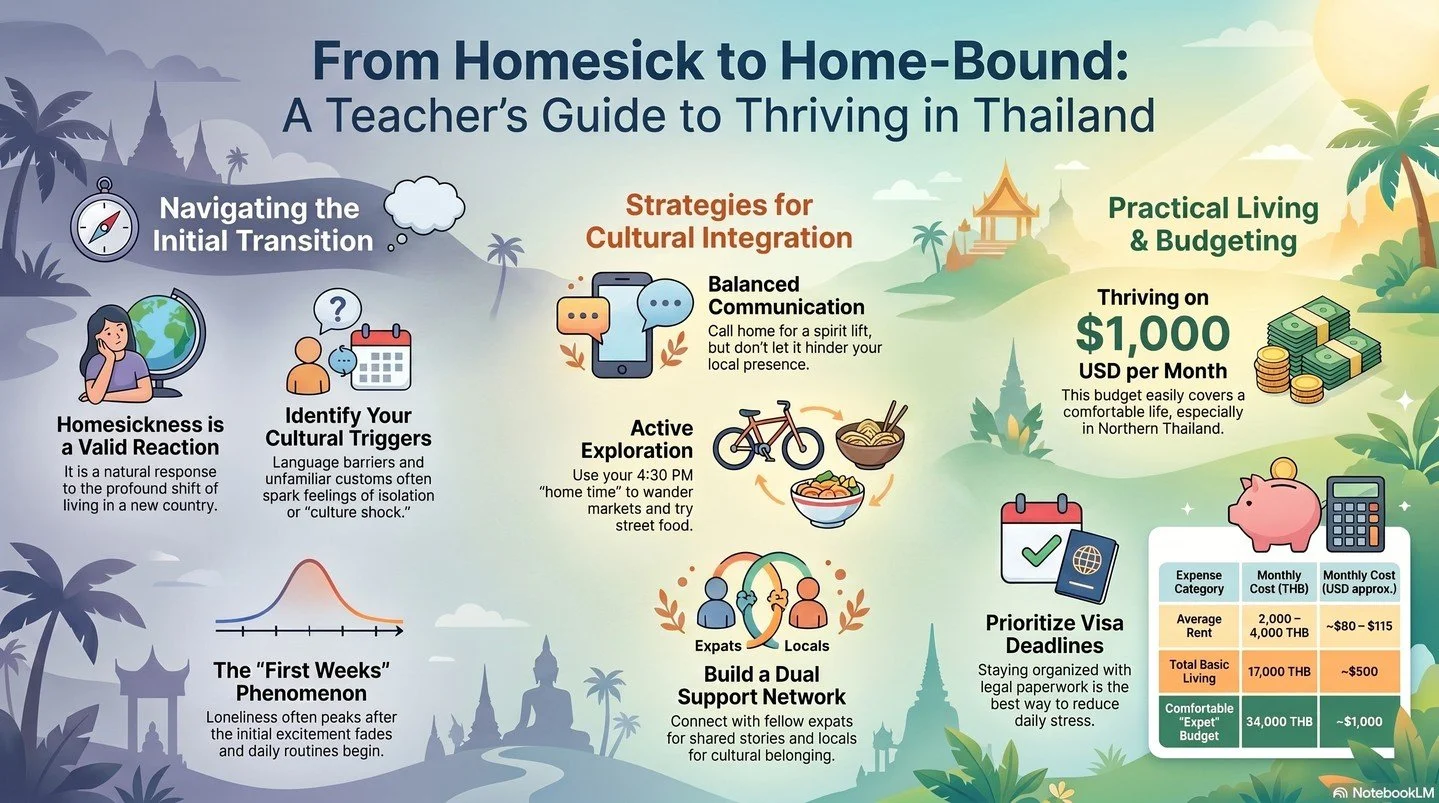 Feeling homesick in Thailand? It&rsquo;s more common than you think.
I made this simple guide to help teachers go from homesick to feeling at home. It covers:

▪️ Why homesickness hits hardest in the first few weeks
▪️How to spot your cultural trigge