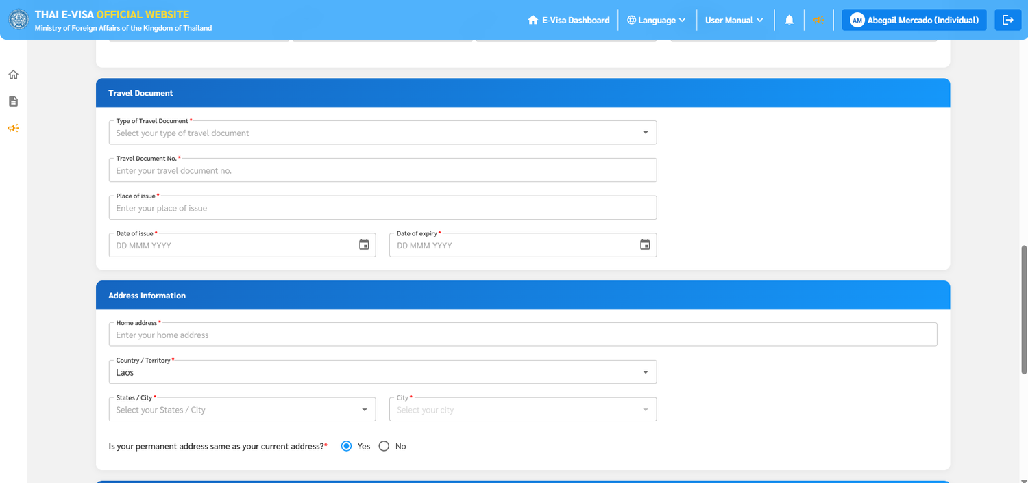 Thai e-Visa Step 2 Personal Information Form Fields