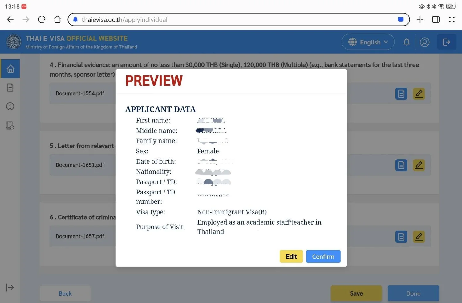 Thai e-Visa Preview Applicant Data Confirm Button