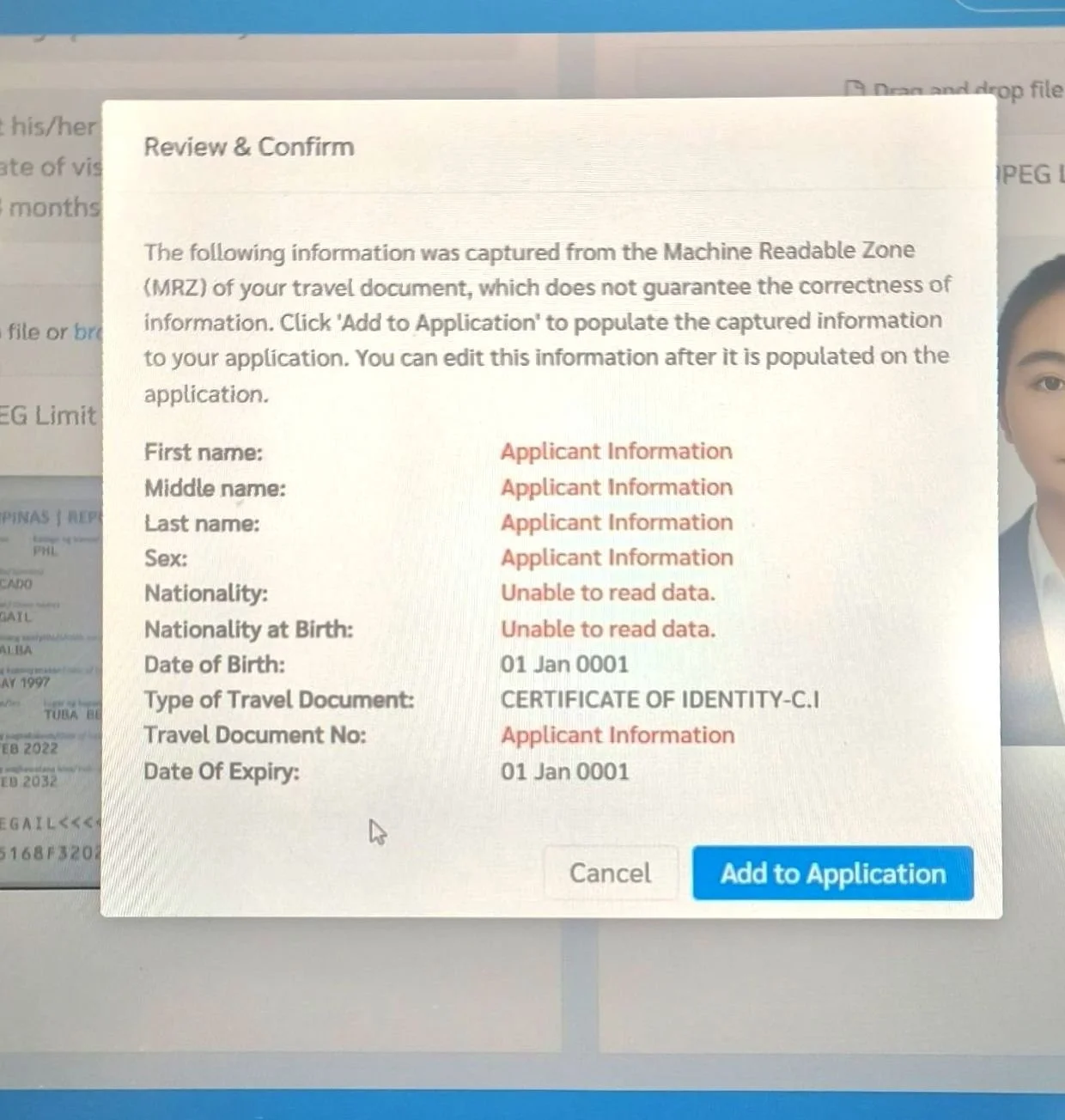 Thai e-Visa Review and Confirm MRZ Pop-up Add to Application button