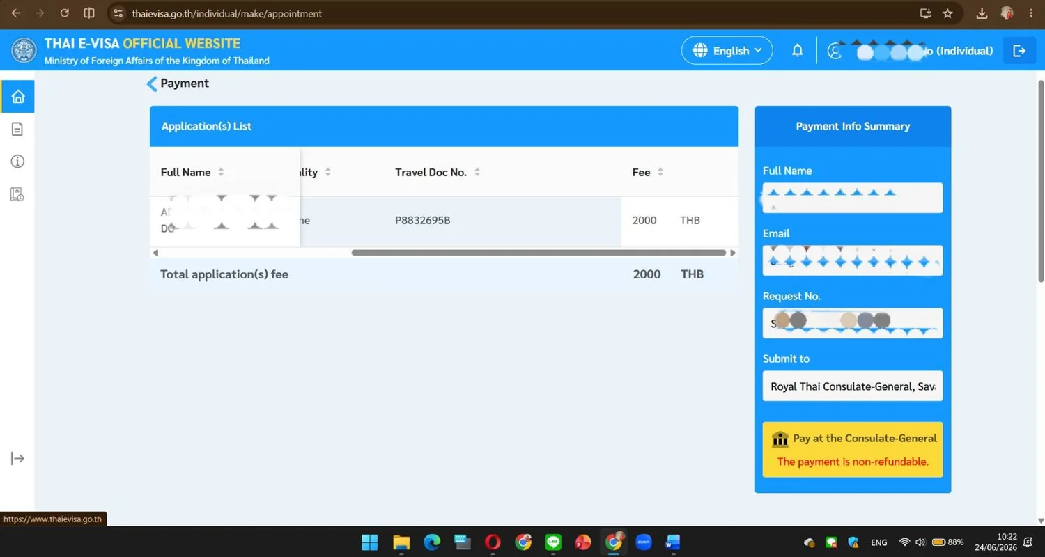 Pay at the Consulate-General 2000 THB button on Thai e-Visa portal