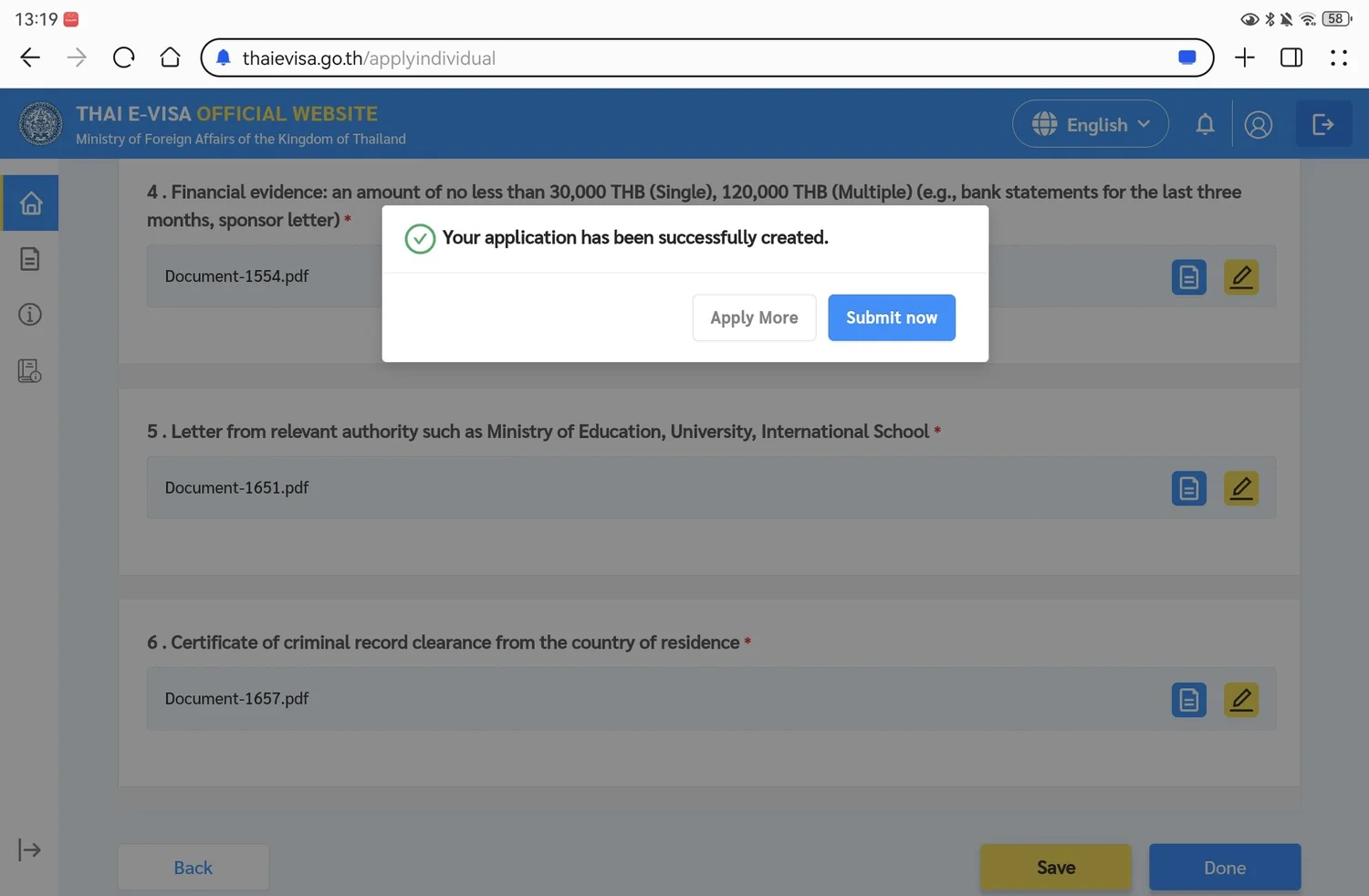 Your application has been successfully created Submit now button