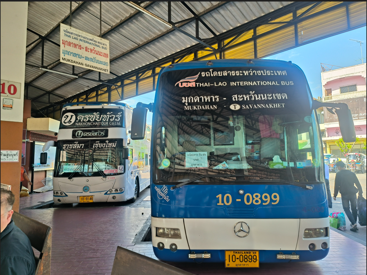 Mukdahan Savannakhet Bus at Platform 10 showing Vehicle Number 0899 and Ticket