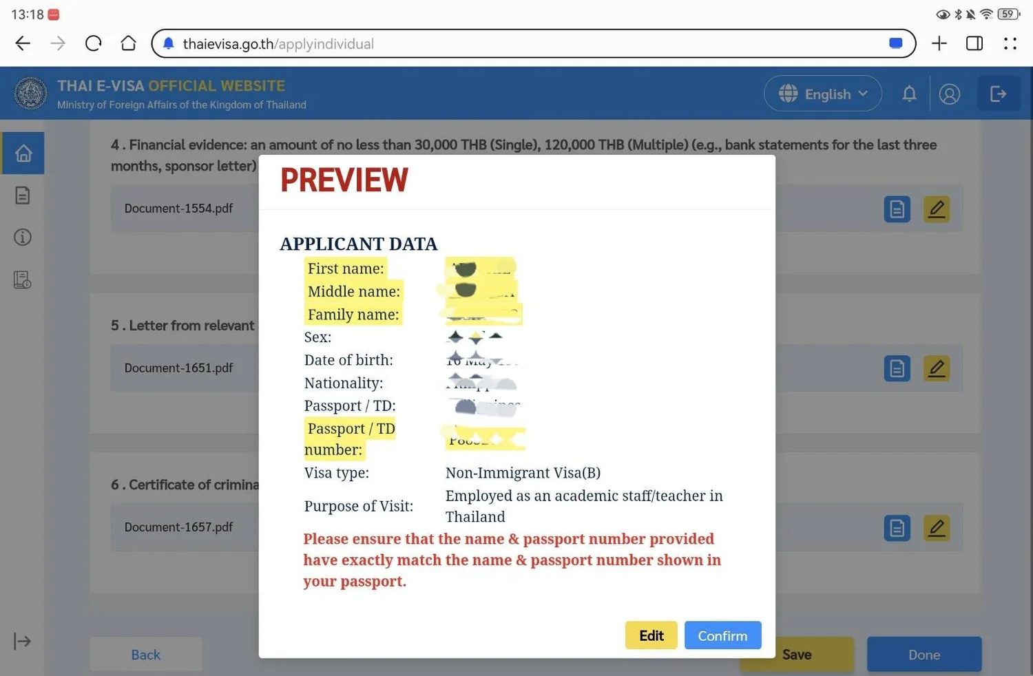 Thai e-Visa Red Warning Name and Passport Number Match
