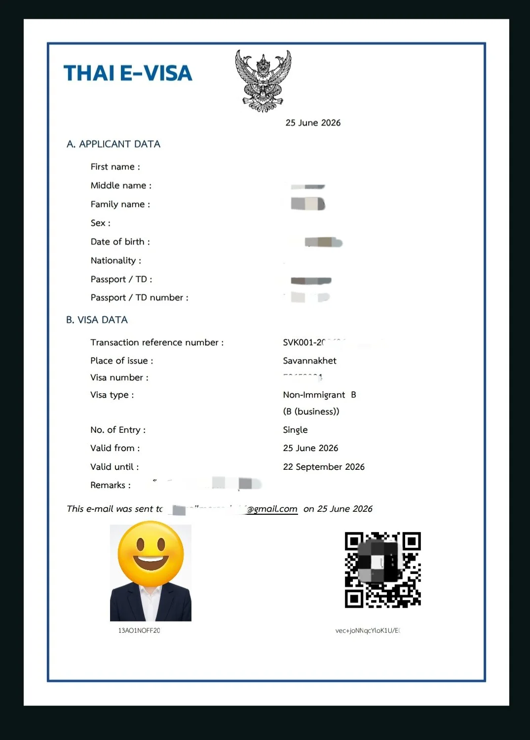 Approved Thai Non-Immigrant B e-Visa Document from Savannakhet