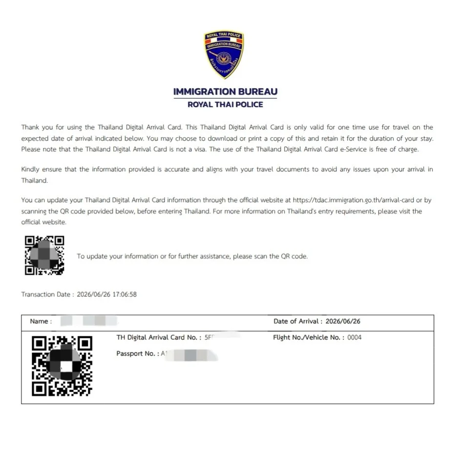 Thailand Digital Arrival Card TDAC Official Confirmation