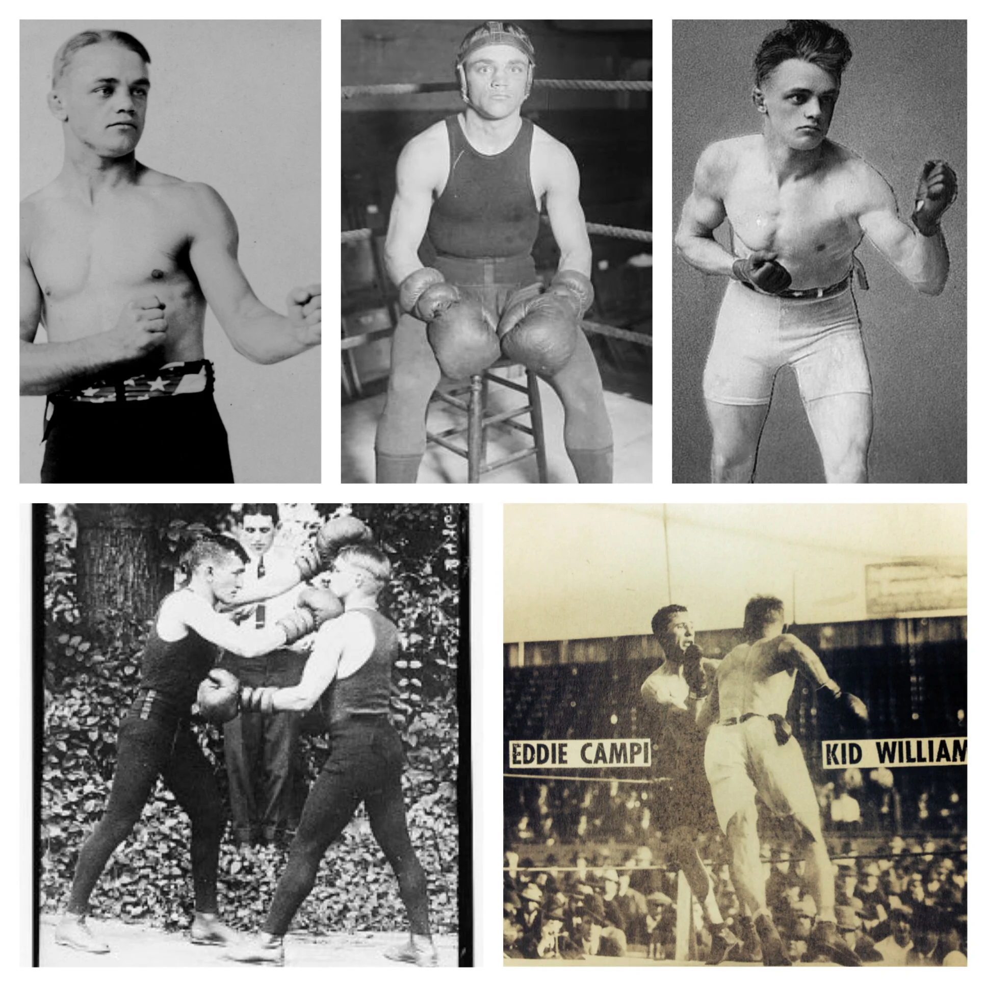 Top Row L-R: Three fearsome fighting poses of Kid Williams Bottom Row L-R: Williams spars, and Williams with one of his signature rushes at his great rival Eddie Campi