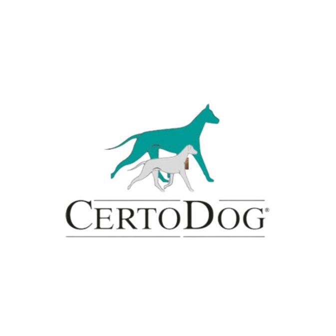 Logo von CertoDog mit zwei Hundesilhouetten übereinander, eine in Türkis, eine in Grau, auf weißem Hintergrund.