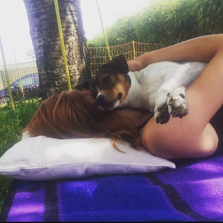 Frau liegt im Gras mit Hund auf einem Kissen, umgeben von Bäumen und einem Zaun, entspannt und schläft draußen.