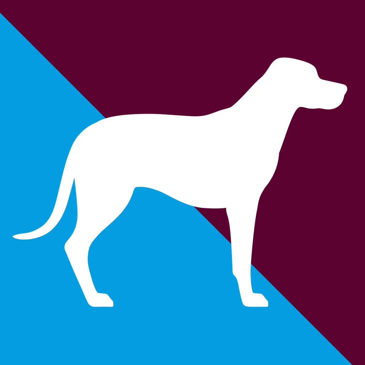 Silhouette eines Hundes in Weiß auf einem Hintergrund mit diagonalen Farbfeldern in Blau und Dunkelviolett.