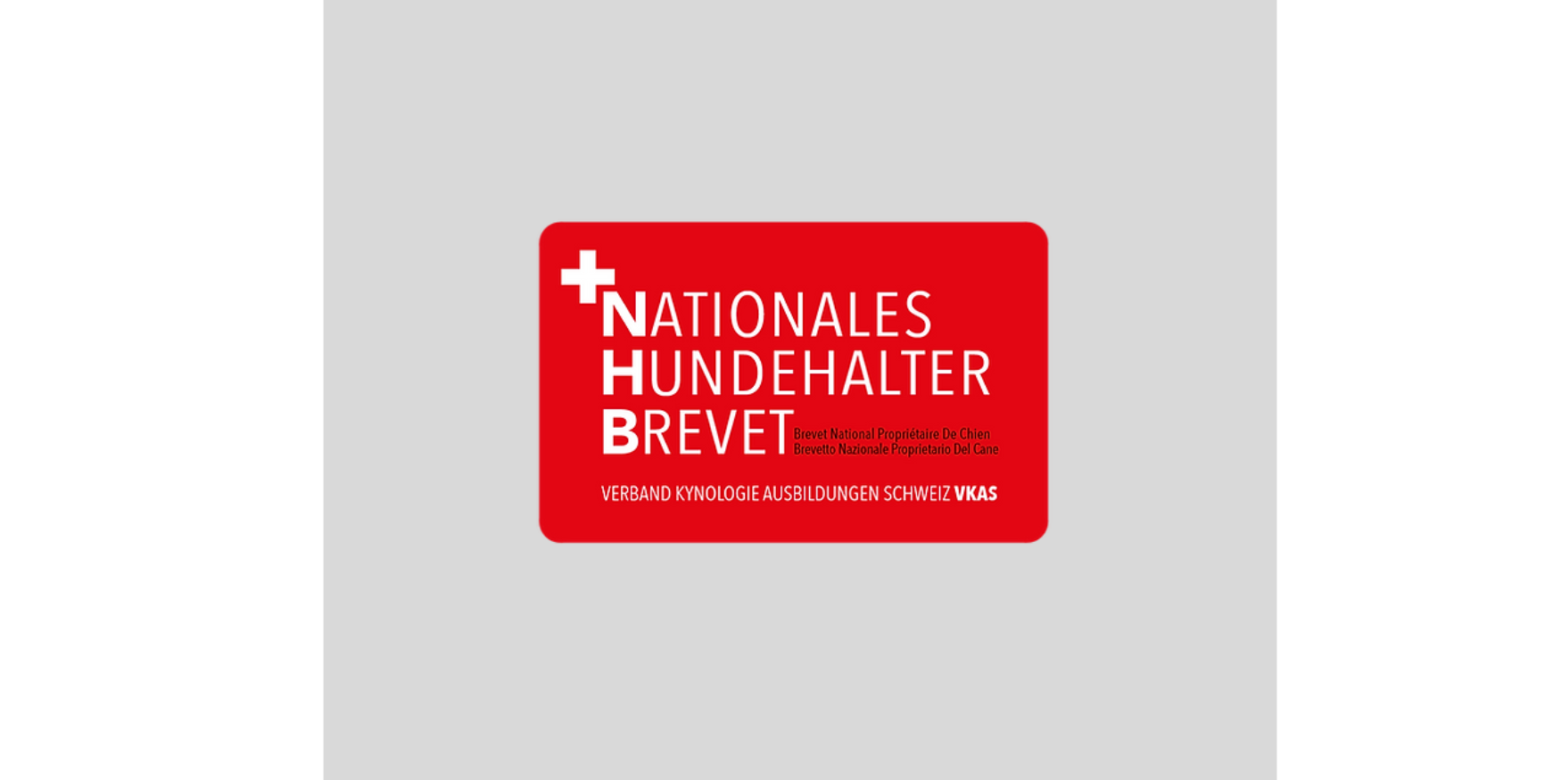 Rotes Logo mit weißer Schrift: Nationales Hundehalter Brevet, Verband Kynologie Ausbildungen Schweiz VKAS.
