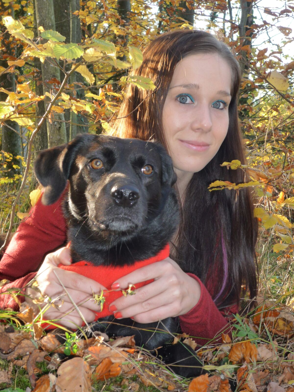 Frau mit braunen Haaren und ein schwarzer Hund mit rotem Halsband im herbstlichen Wald, umgeben von bunten Blättern.