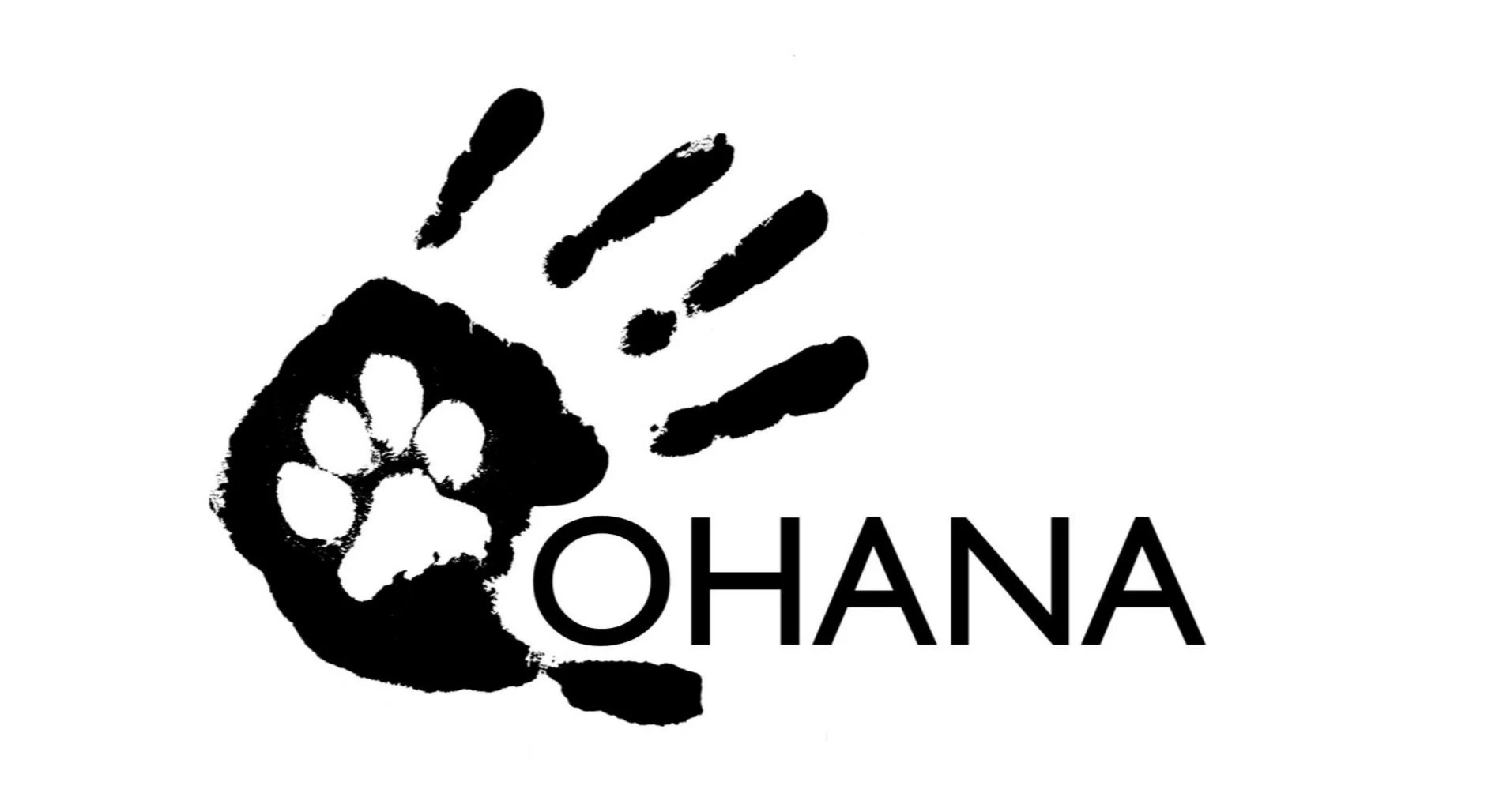 Schwarz-weißer Handabdruck mit Pfotenabdruck und dem Wort "OHANA".
