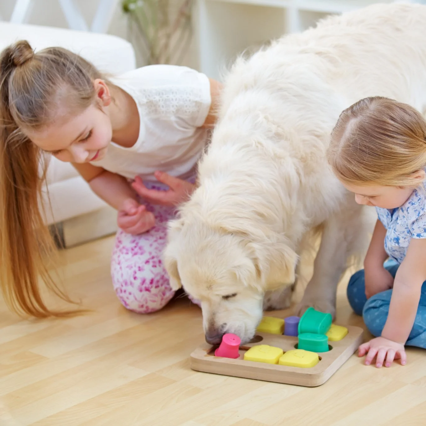Zwei Kinder, ein Hund, Spielzeug auf Holzfußboden.