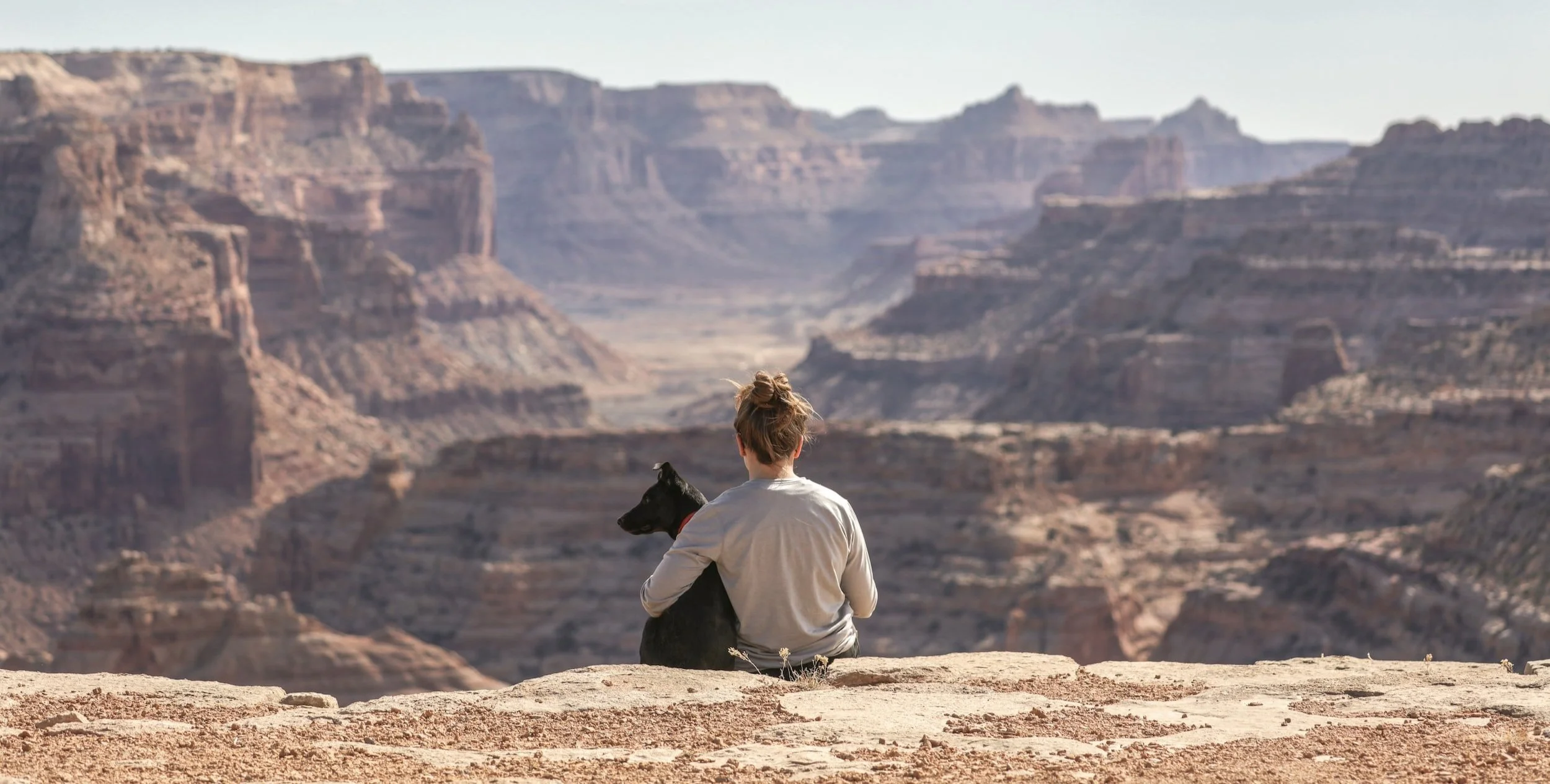 Person sitzt mit Hund und genießt die Aussicht auf eine beeindruckende Canyonlandschaft.