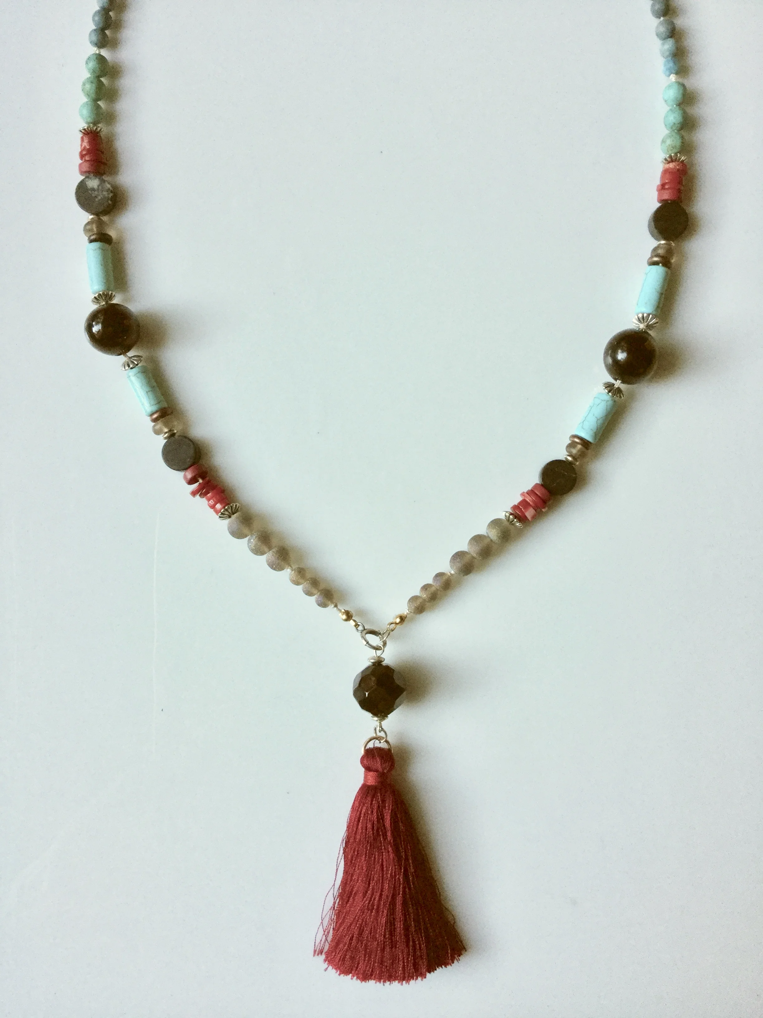 Turquoise, Red Coral & Black Tassel Necklace