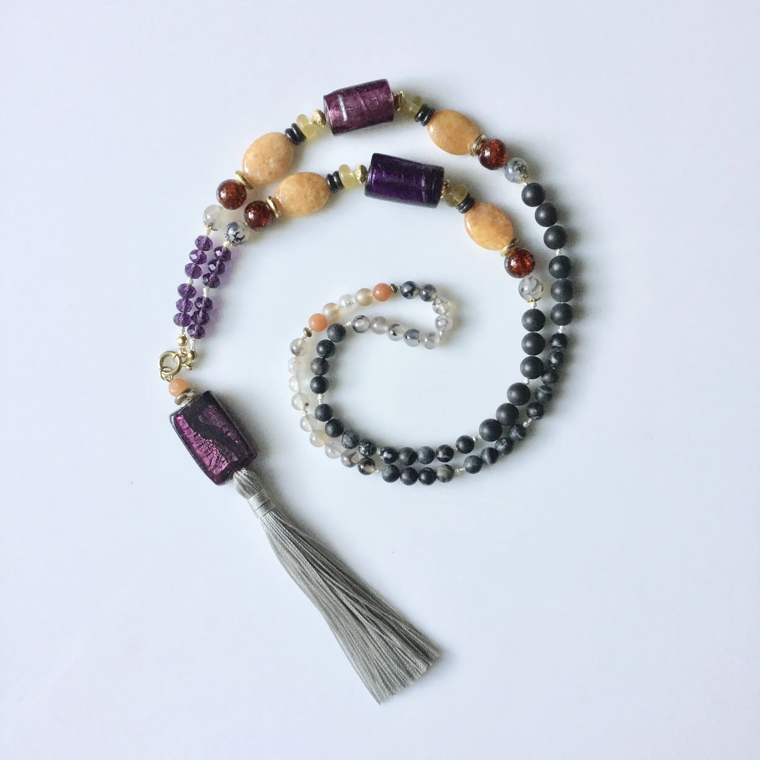 Purple Lampwork & Honey Agate Tassel Necklace