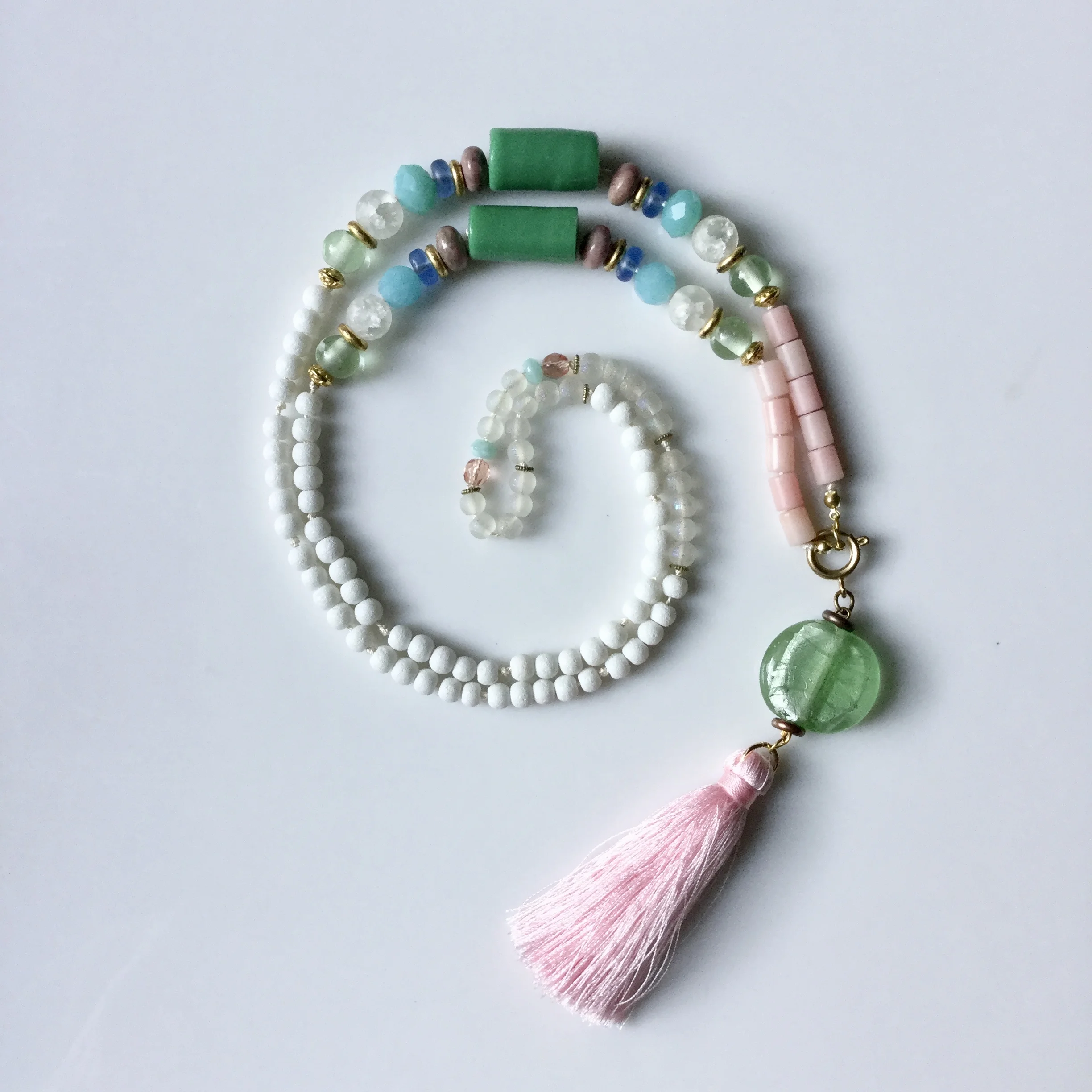 Rose Quartz & Green Lamp Work Tassel Necklace