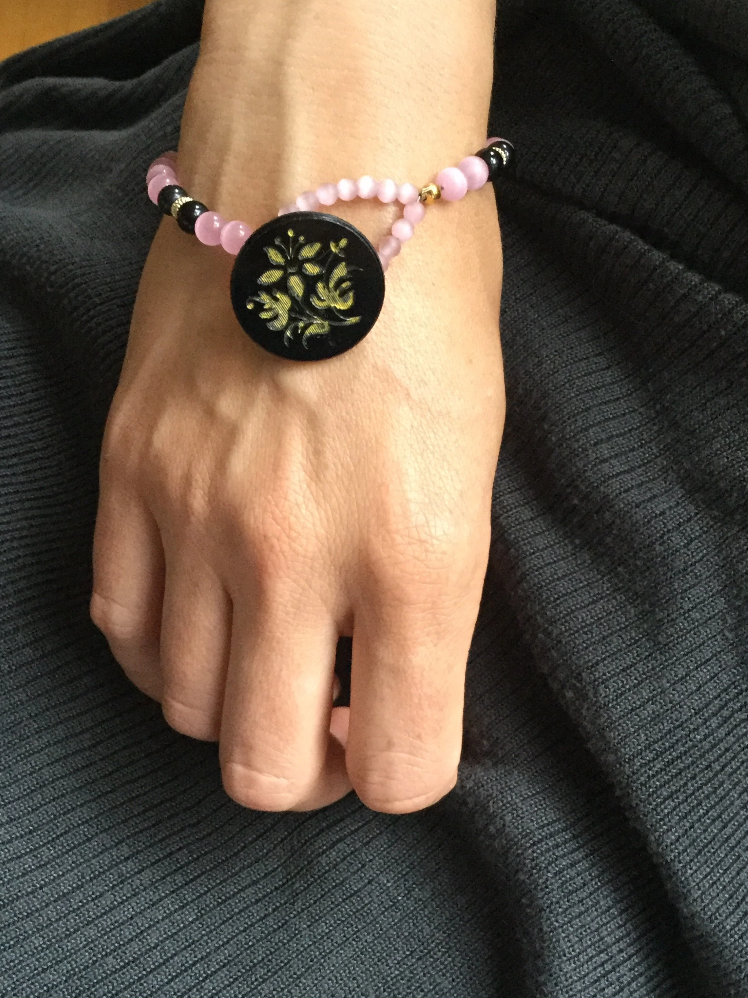 Pink Cat's Eye &amp; Black Button Bracelet