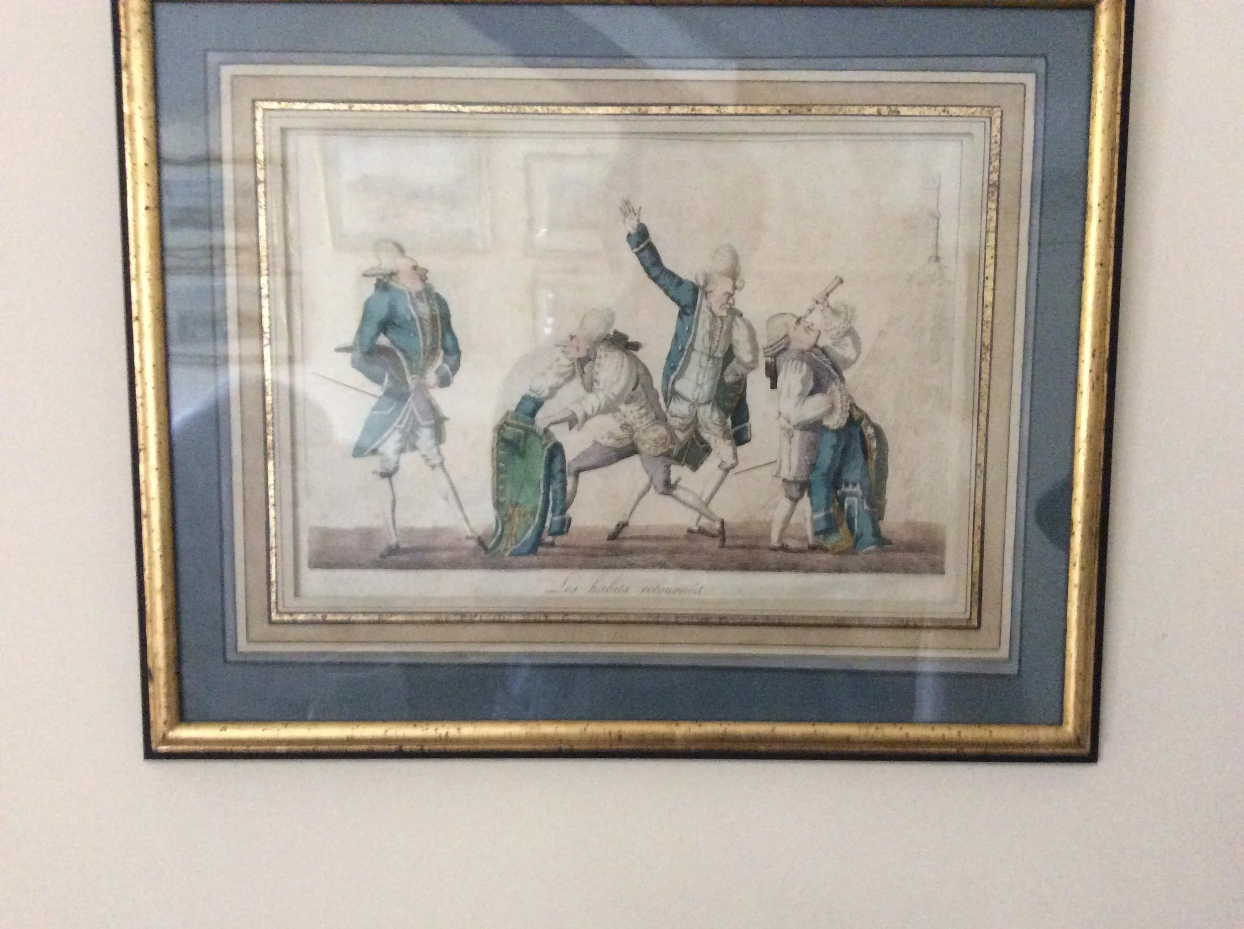  French Engraving. Frame painted and gilded with "antiqued" effect. Water-colour-wash Mount with gold-leaf fillet. 