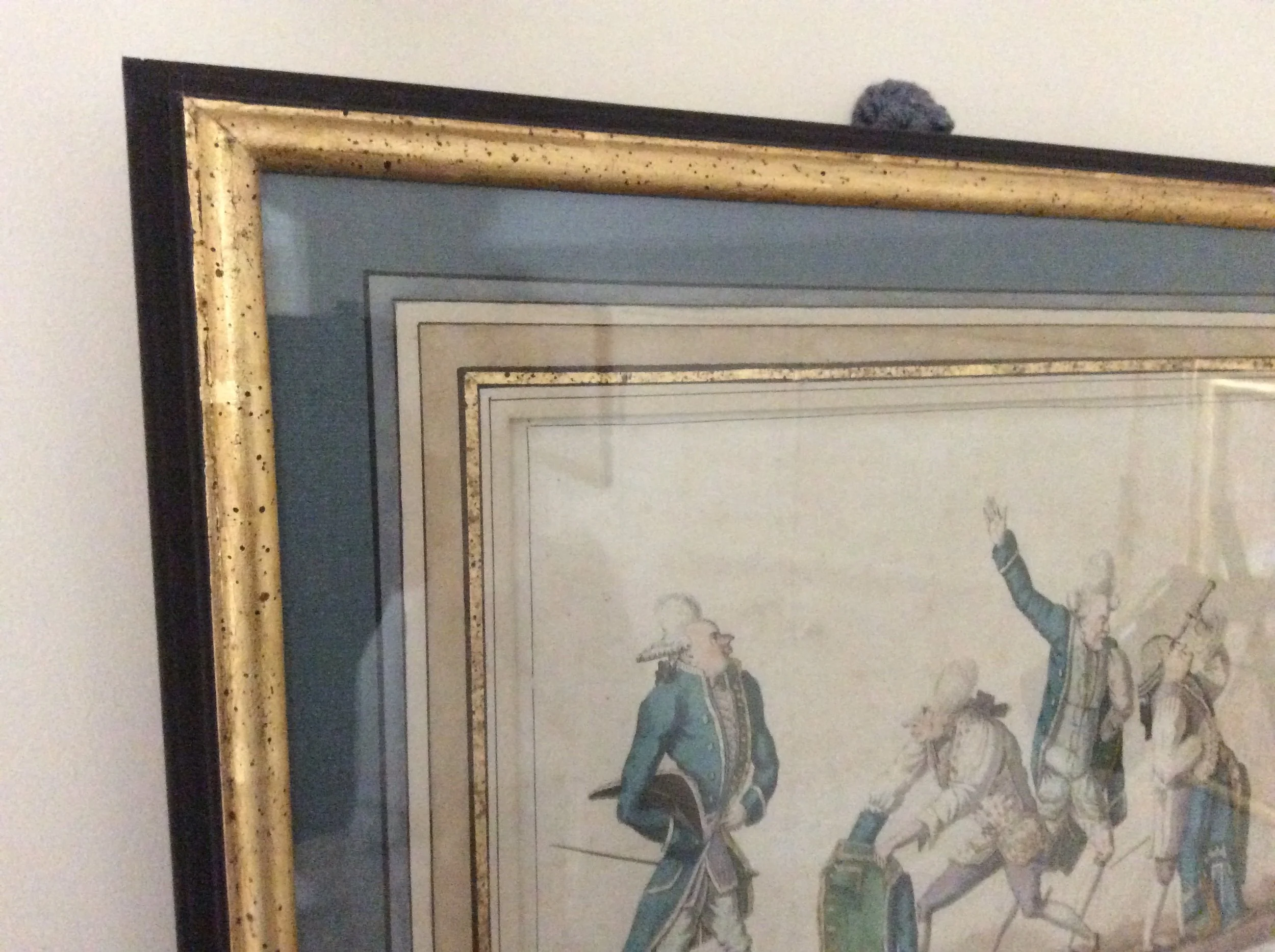  French Engraving. Frame painted and gilded with "antiqued" effect. Water-colour-wash Mount with gold-leaf fillet. 