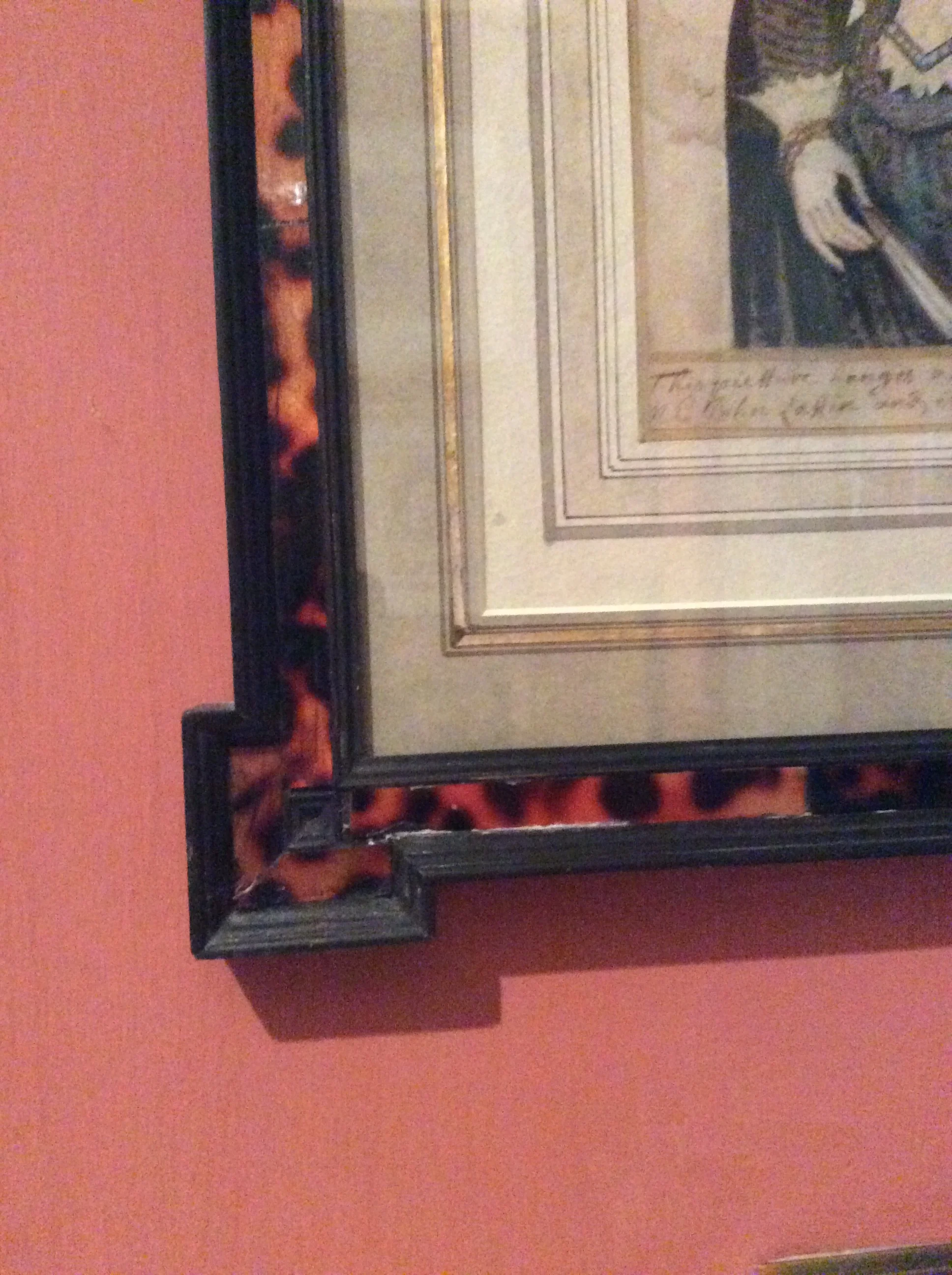  Tudor coloured drawings. Frames ebonised, with applied simulated tortoise-shell. Water-colour-wash Mounts. 