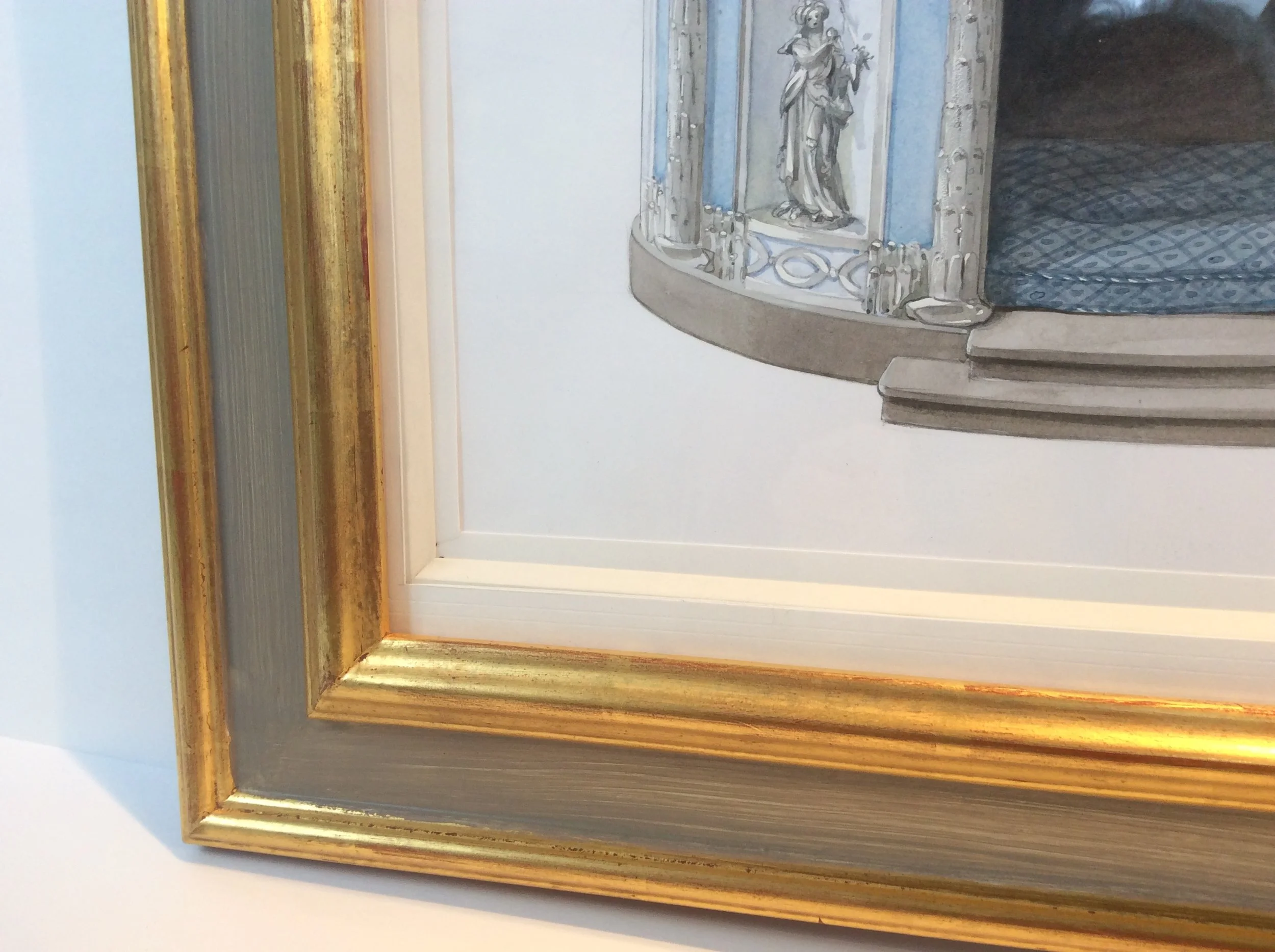  Wood Frame. Water-gilded with dragged-paint section. Deep-bevel Mount. 