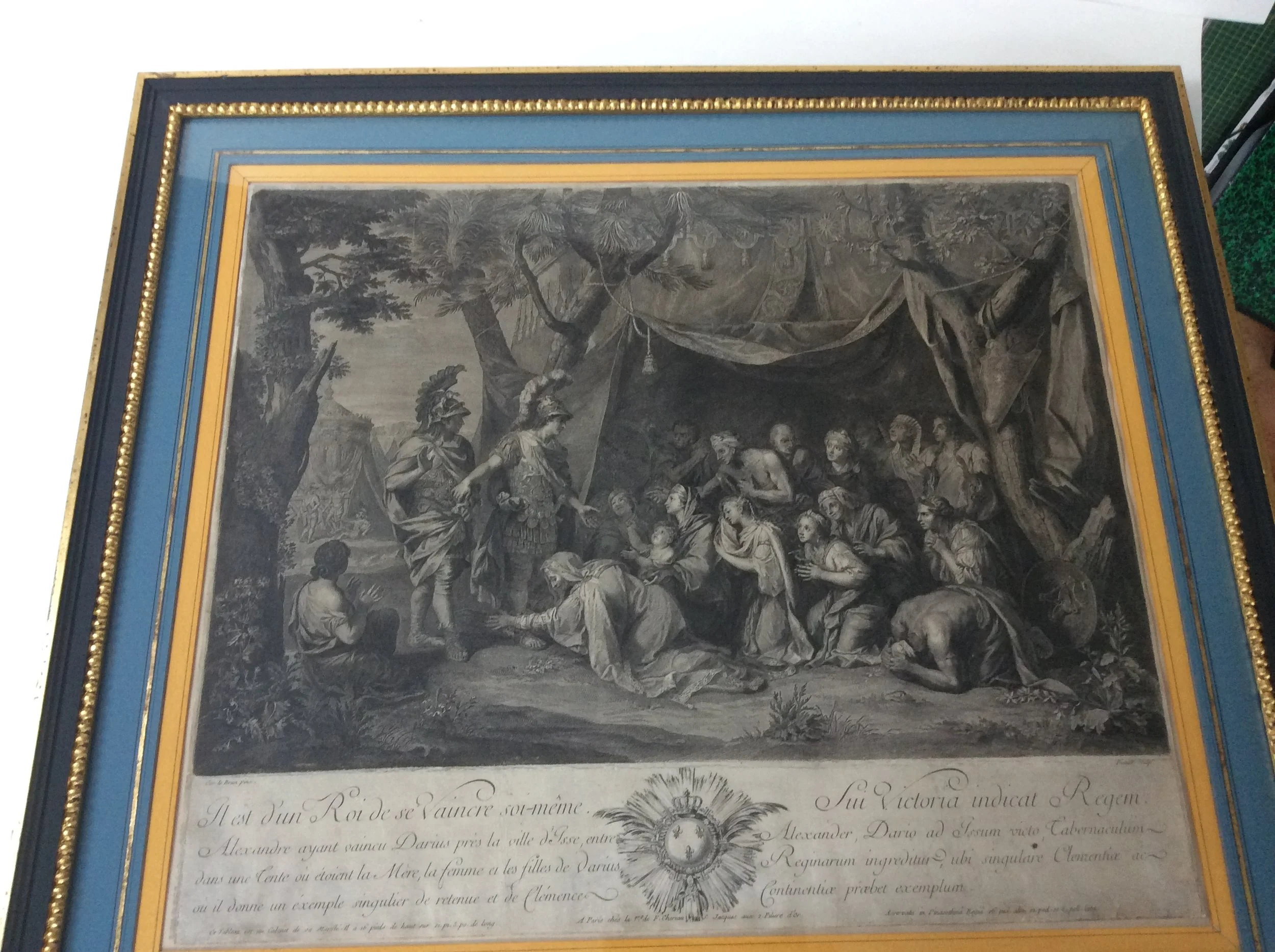  Wood Frame. Painted and gilded. Mount with coloured paper sections. 