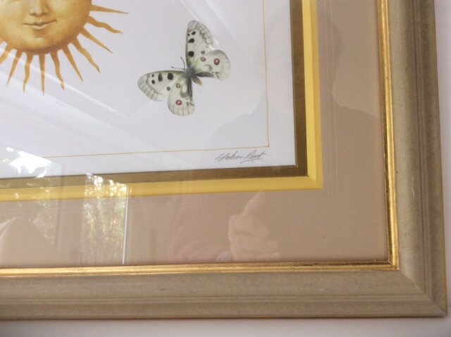  Wooden Frame, painted and stippled. Deep bevel Mount with folded coloured paper. 